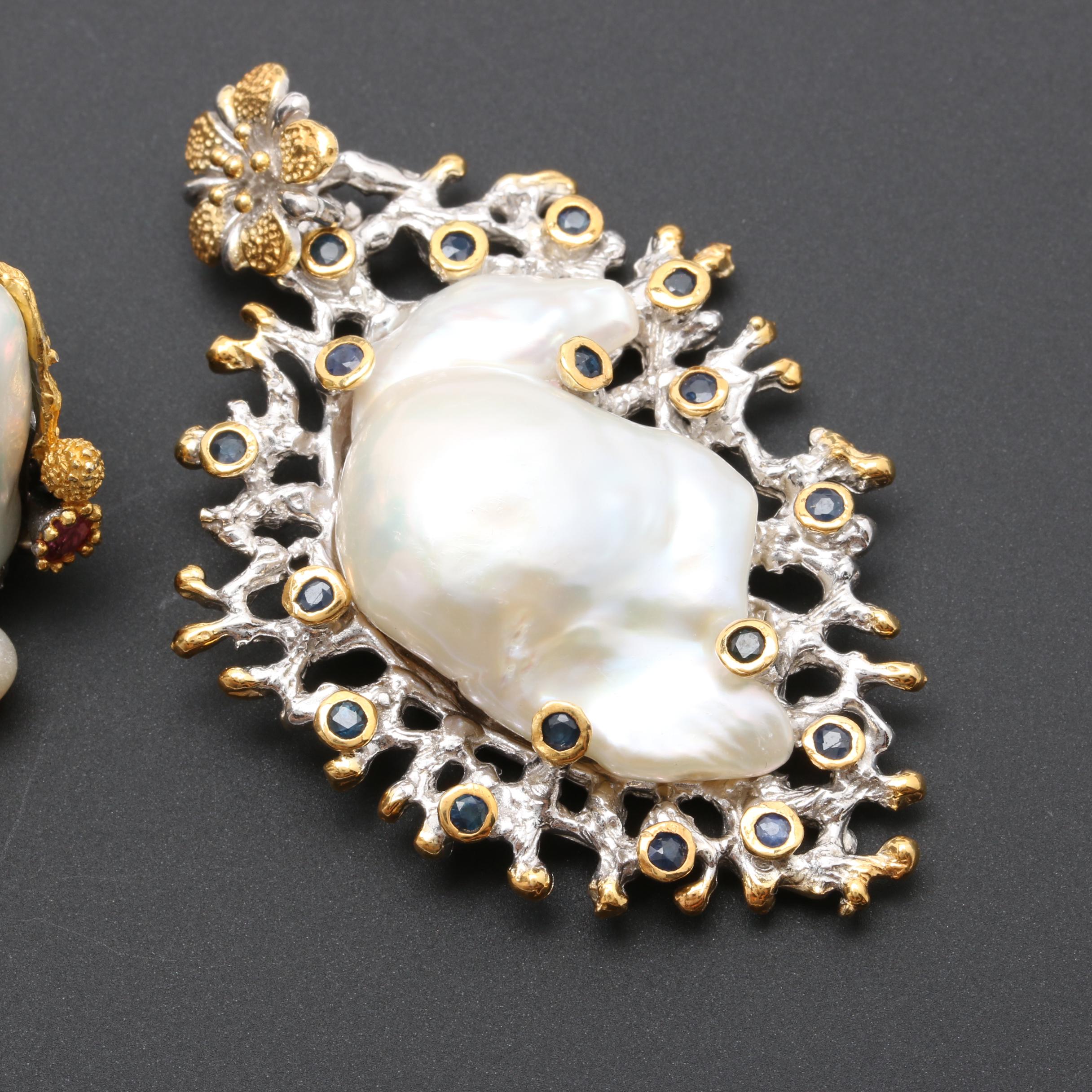 Sterling Silver Cultured Pearl, Tourmaline and Sapphire Ring and Pendant