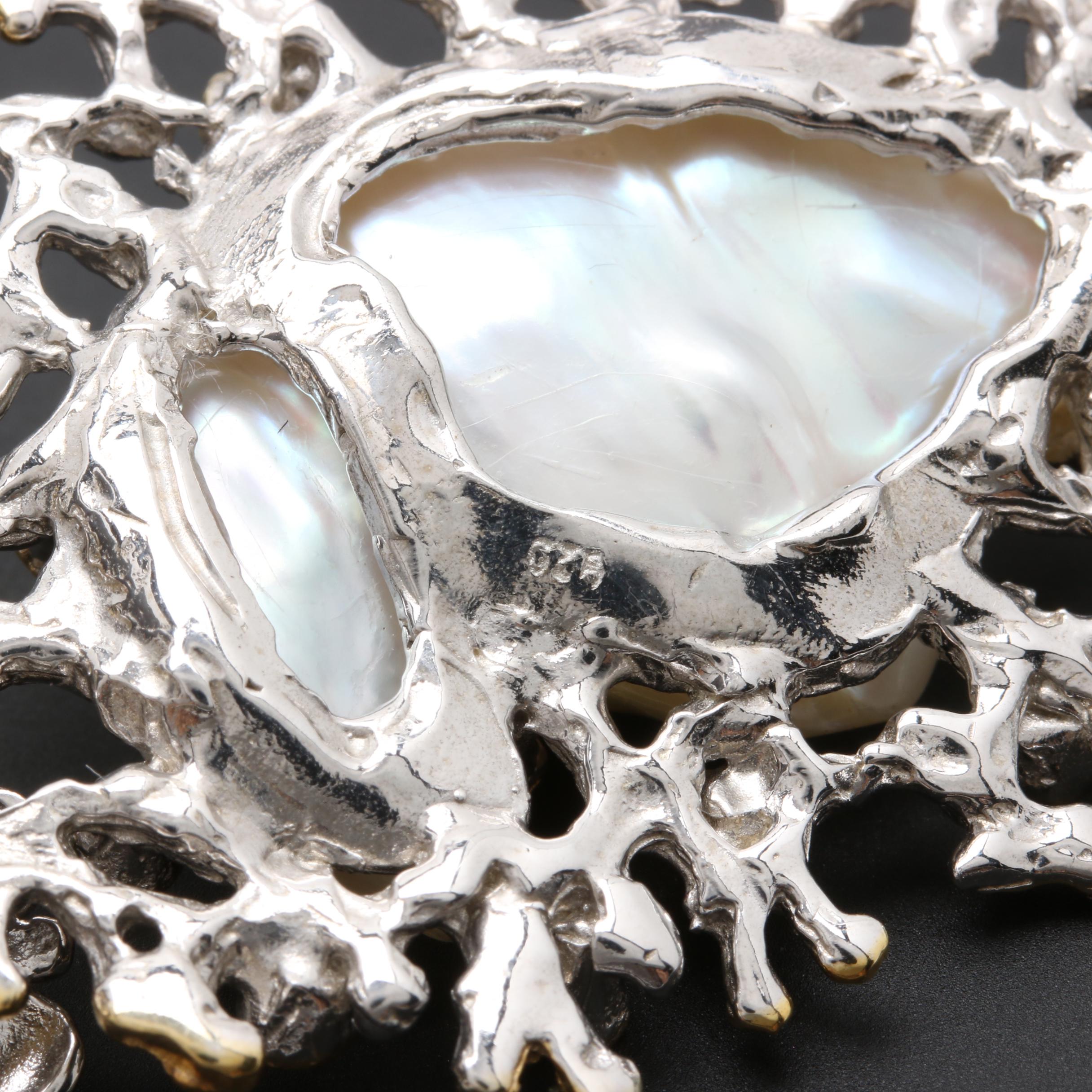 Sterling Silver Cultured Pearl, Tourmaline and Sapphire Ring and Pendant