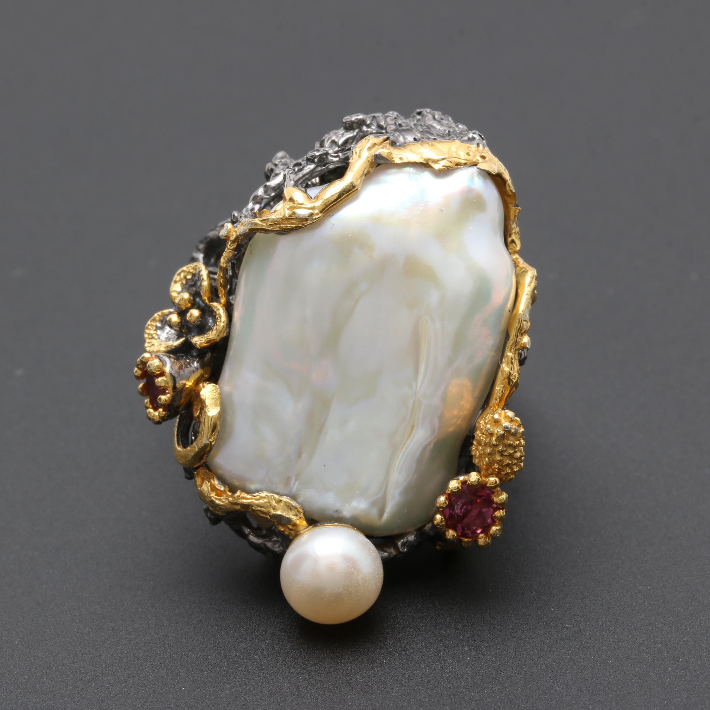 Sterling Silver Cultured Pearl, Tourmaline and Sapphire Ring and Pendant