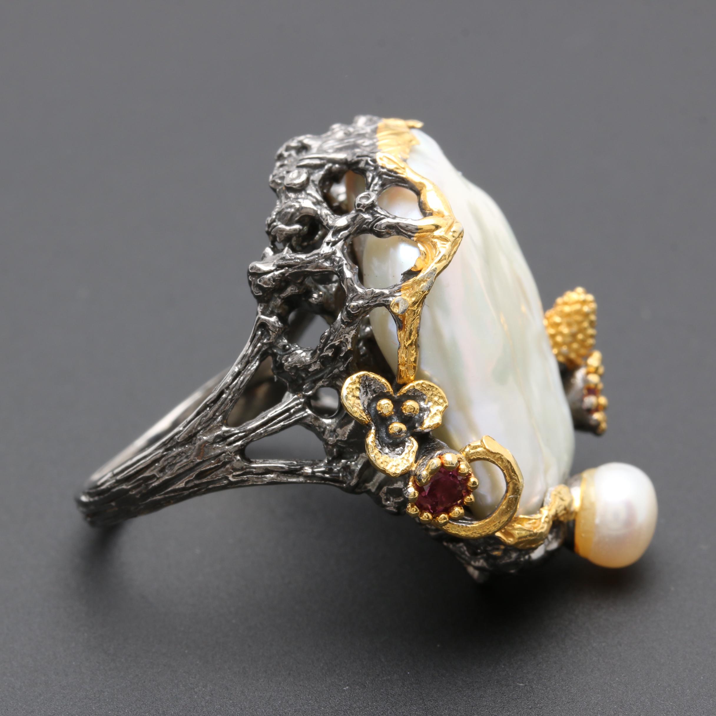 Sterling Silver Cultured Pearl, Tourmaline and Sapphire Ring and Pendant