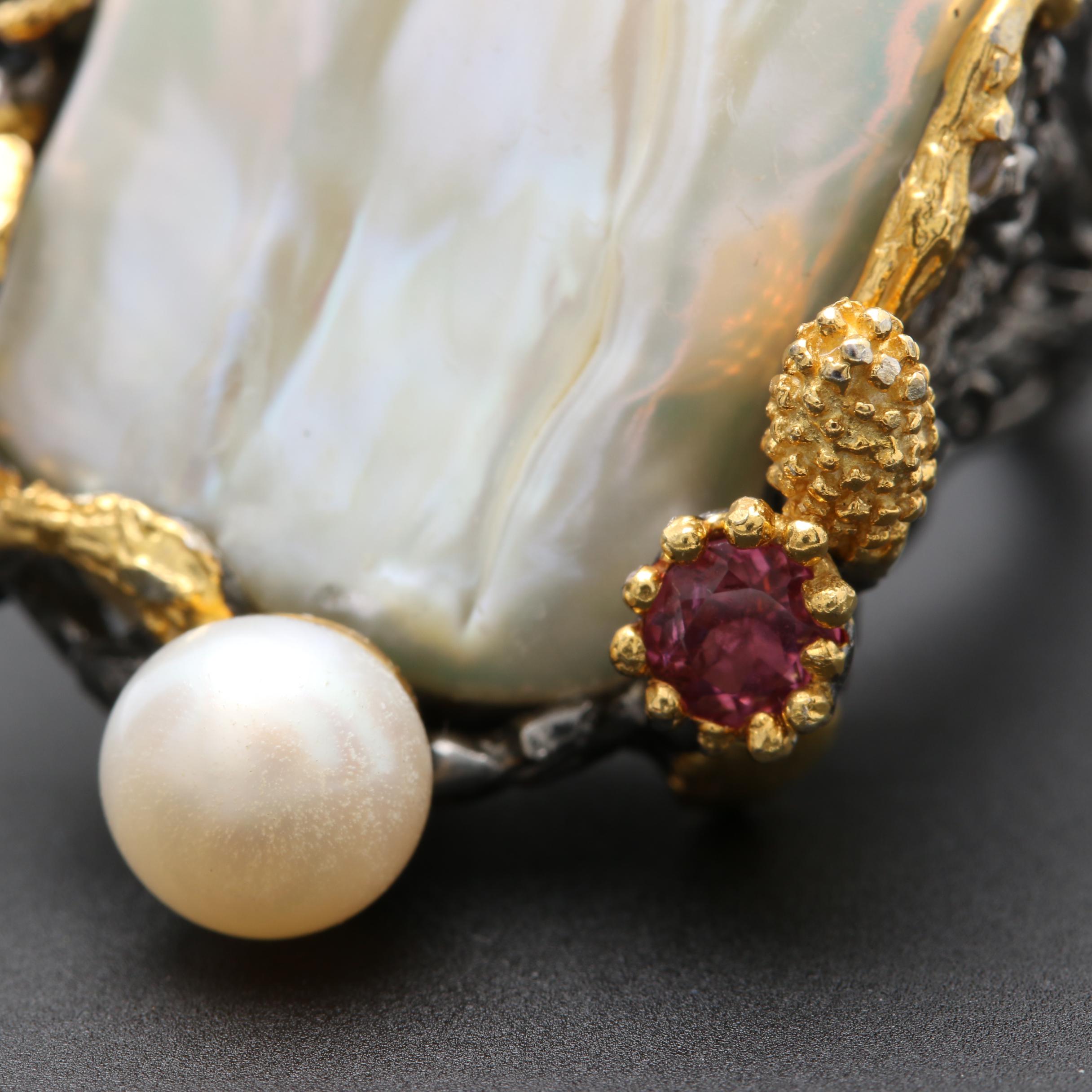 Sterling Silver Cultured Pearl, Tourmaline and Sapphire Ring and Pendant