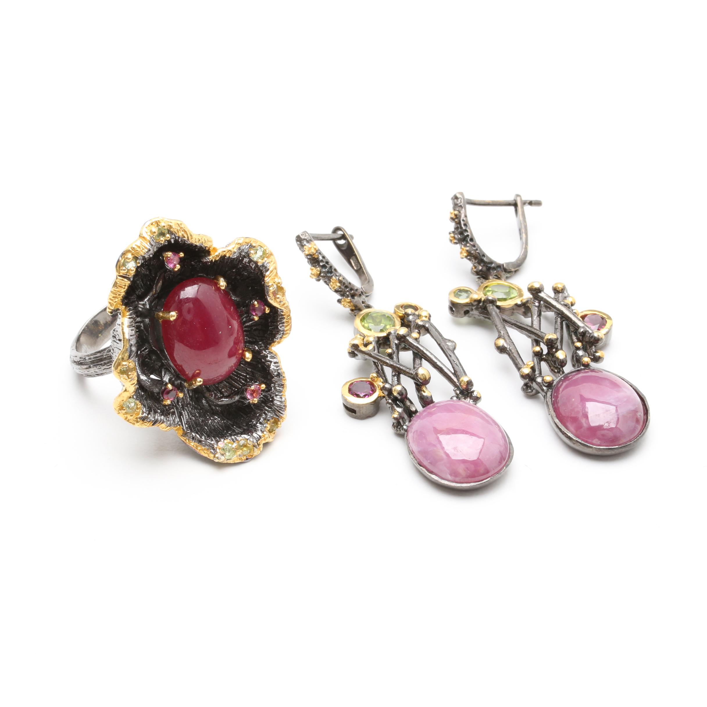 Sterling Silver Red Corundum, Tourmaline and Peridot Ring and Earrings