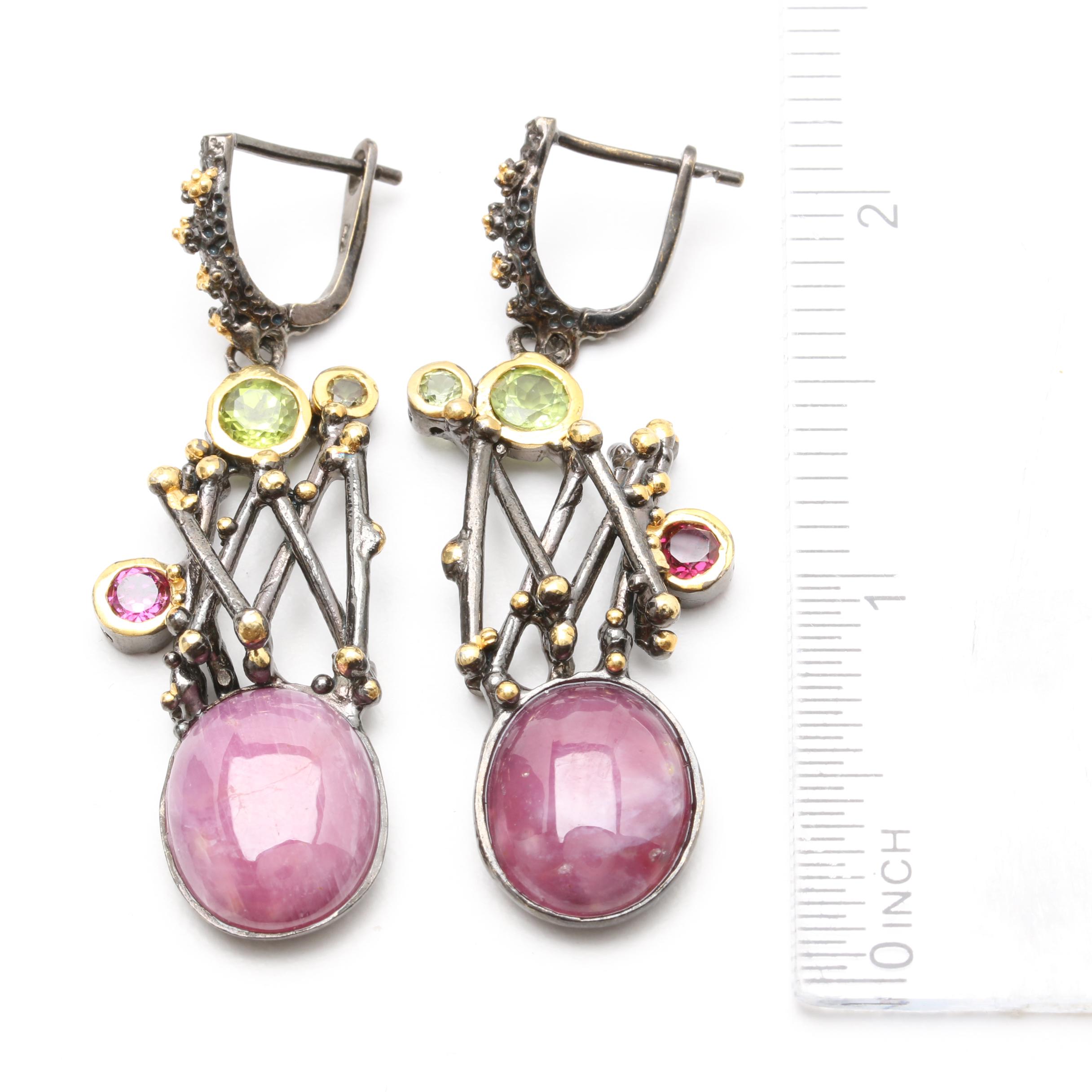 Sterling Silver Red Corundum, Tourmaline and Peridot Ring and Earrings