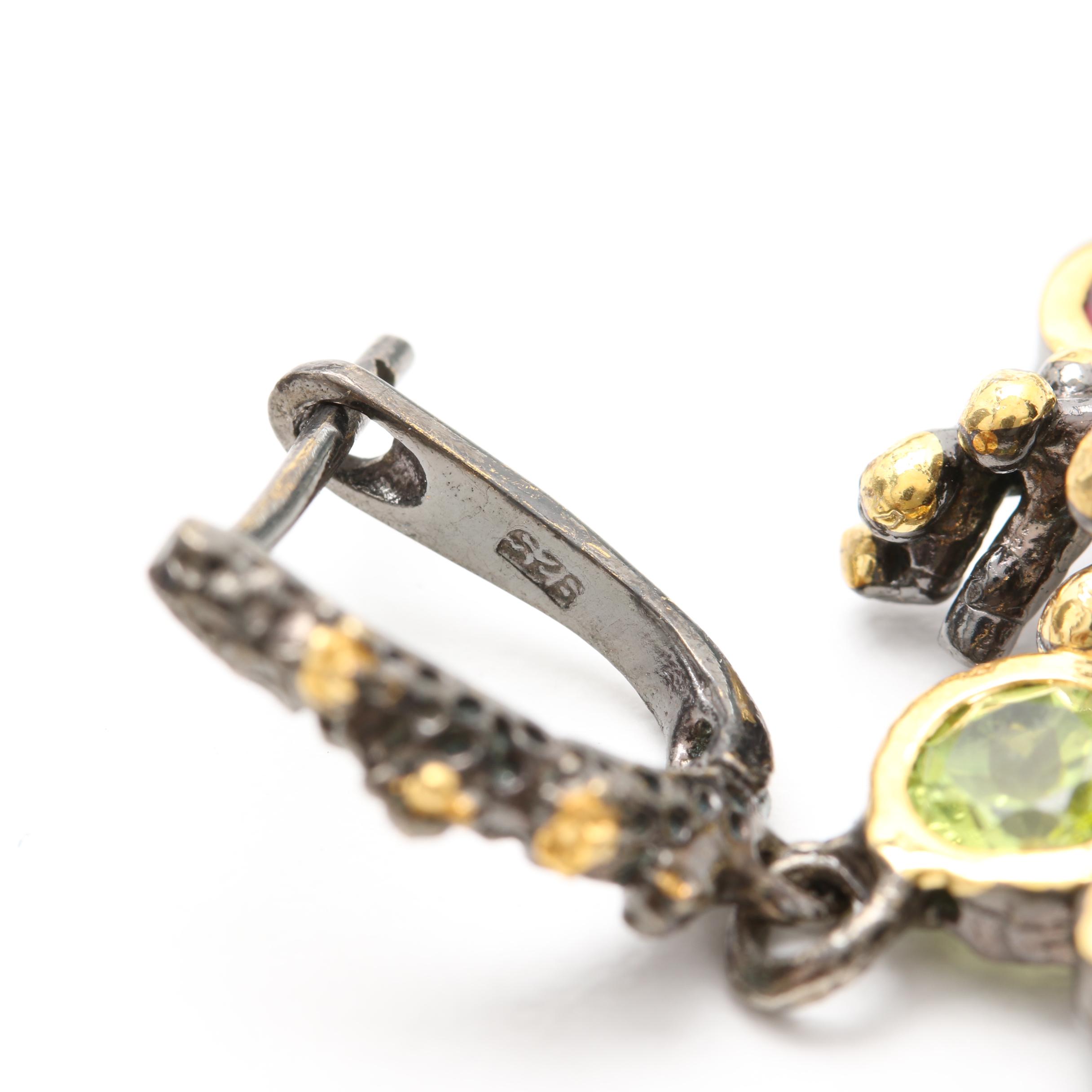 Sterling Silver Red Corundum, Tourmaline and Peridot Ring and Earrings