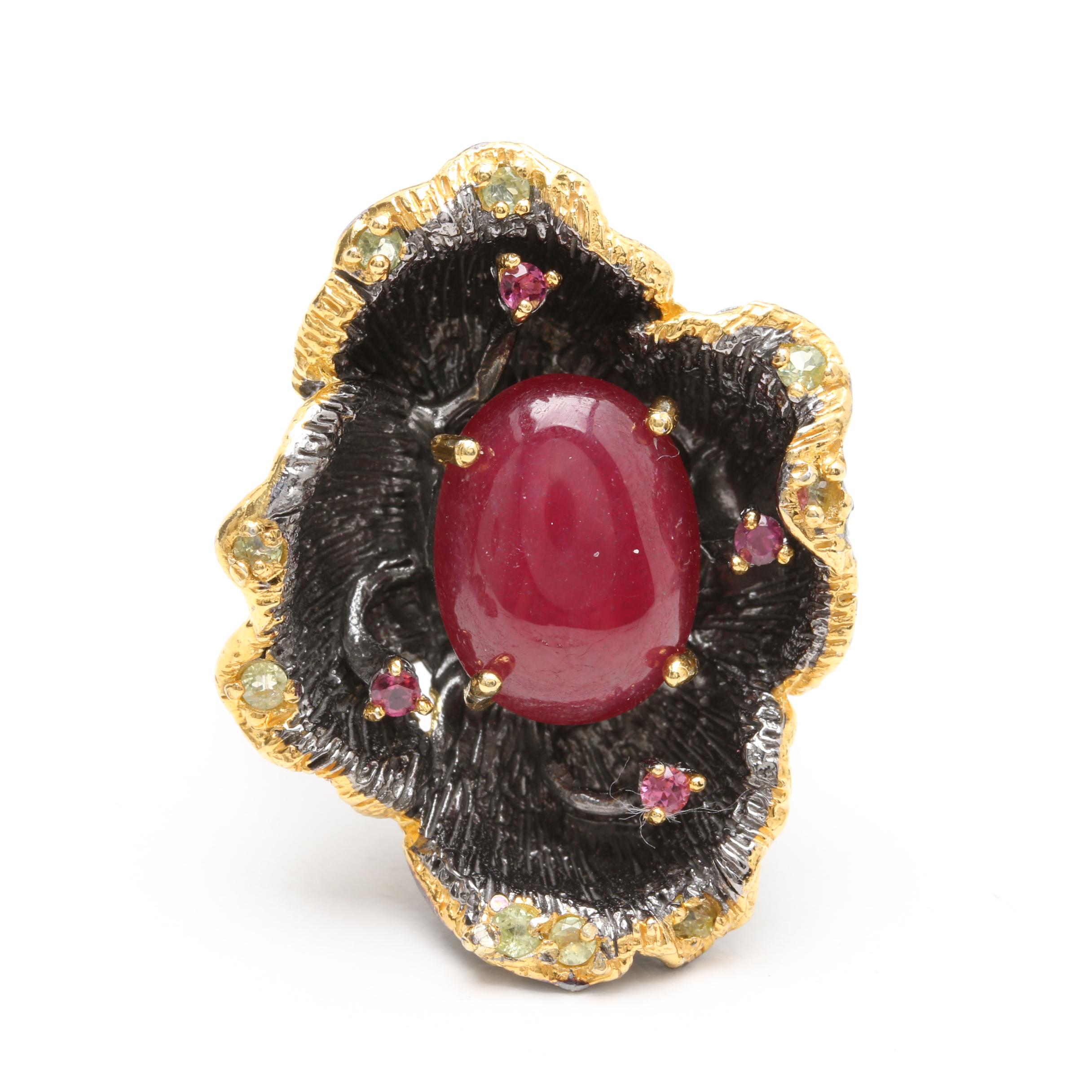 Sterling Silver Red Corundum, Tourmaline and Peridot Ring and Earrings