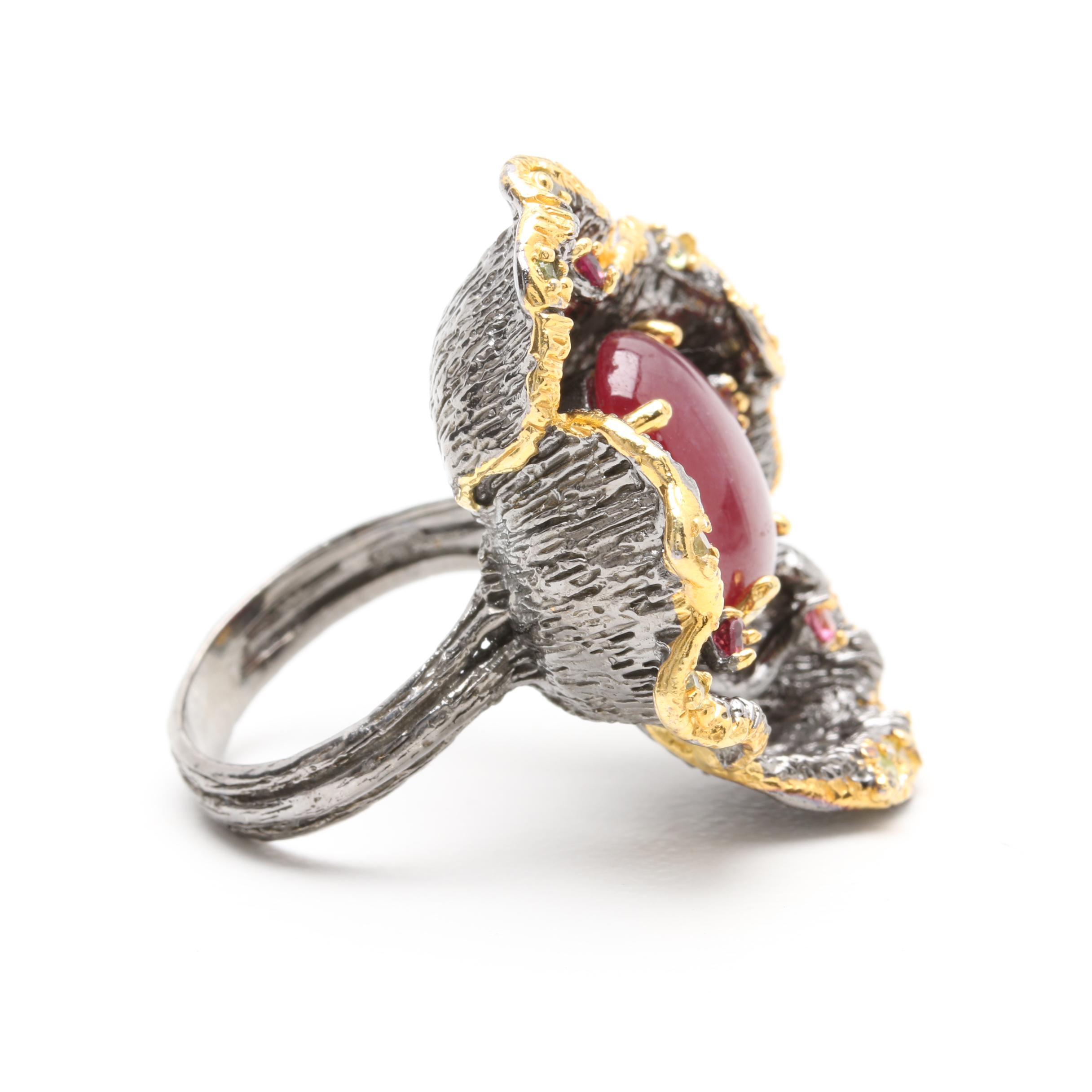 Sterling Silver Red Corundum, Tourmaline and Peridot Ring and Earrings