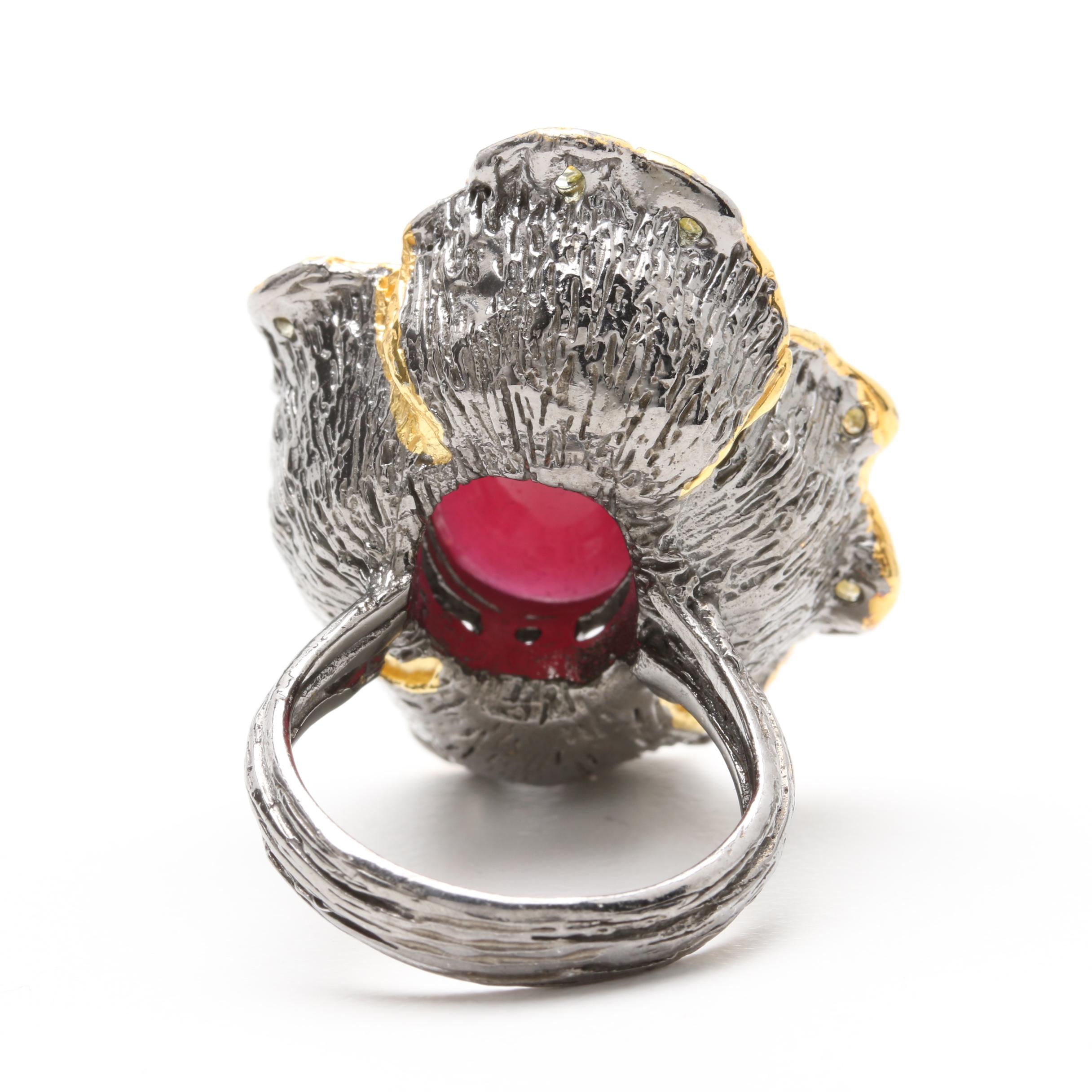 Sterling Silver Red Corundum, Tourmaline and Peridot Ring and Earrings