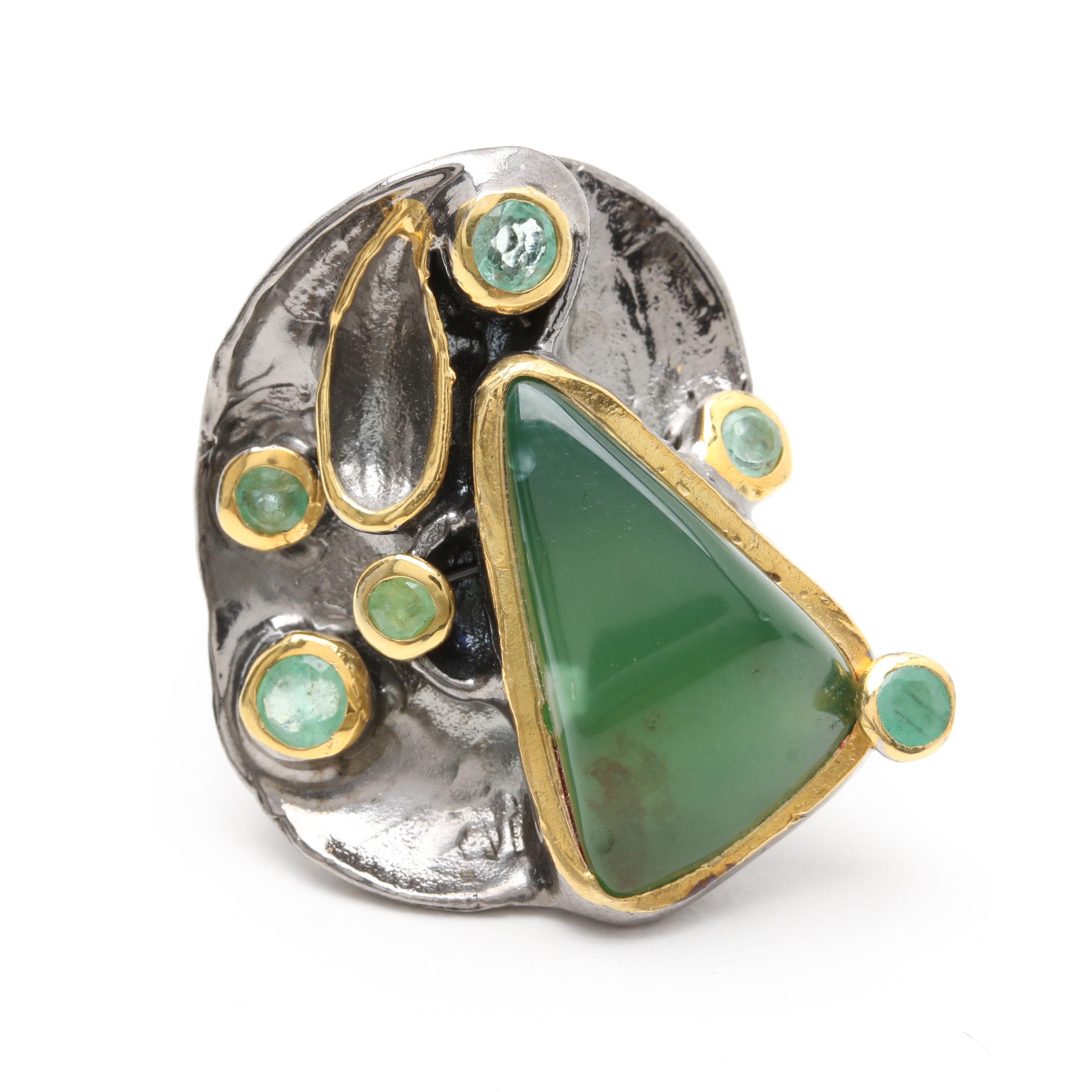 Sterling Silver Green Beryl Ring with Gold Wash Accents