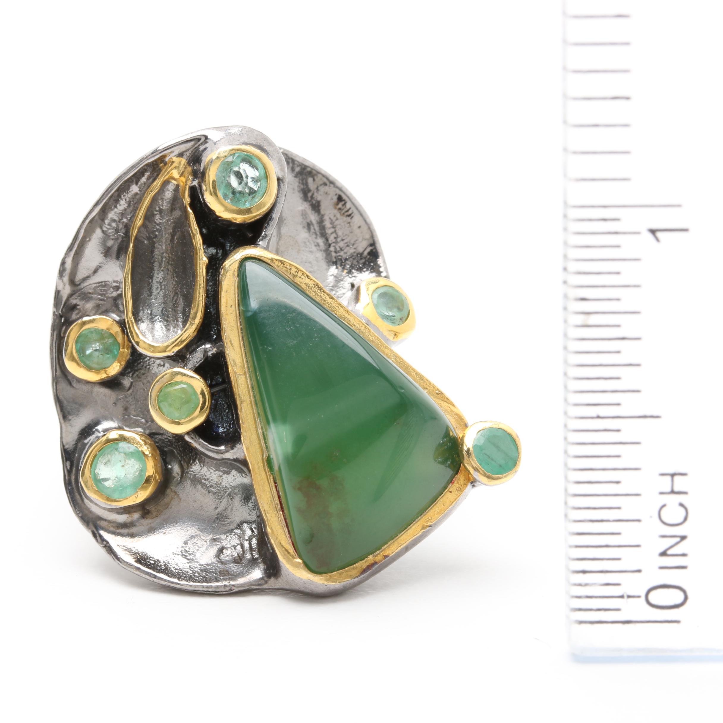 Sterling Silver Green Beryl Ring with Gold Wash Accents