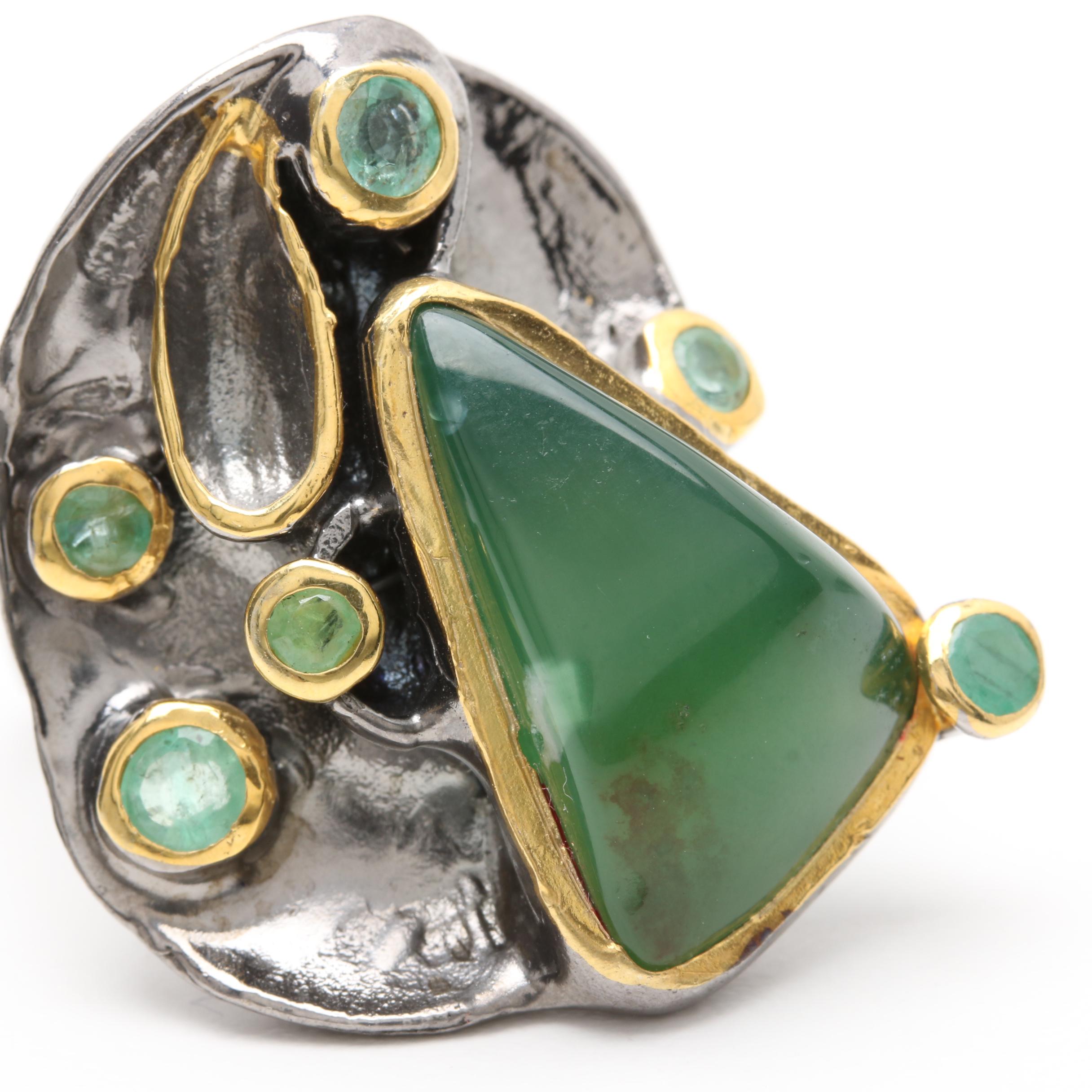 Sterling Silver Green Beryl Ring with Gold Wash Accents