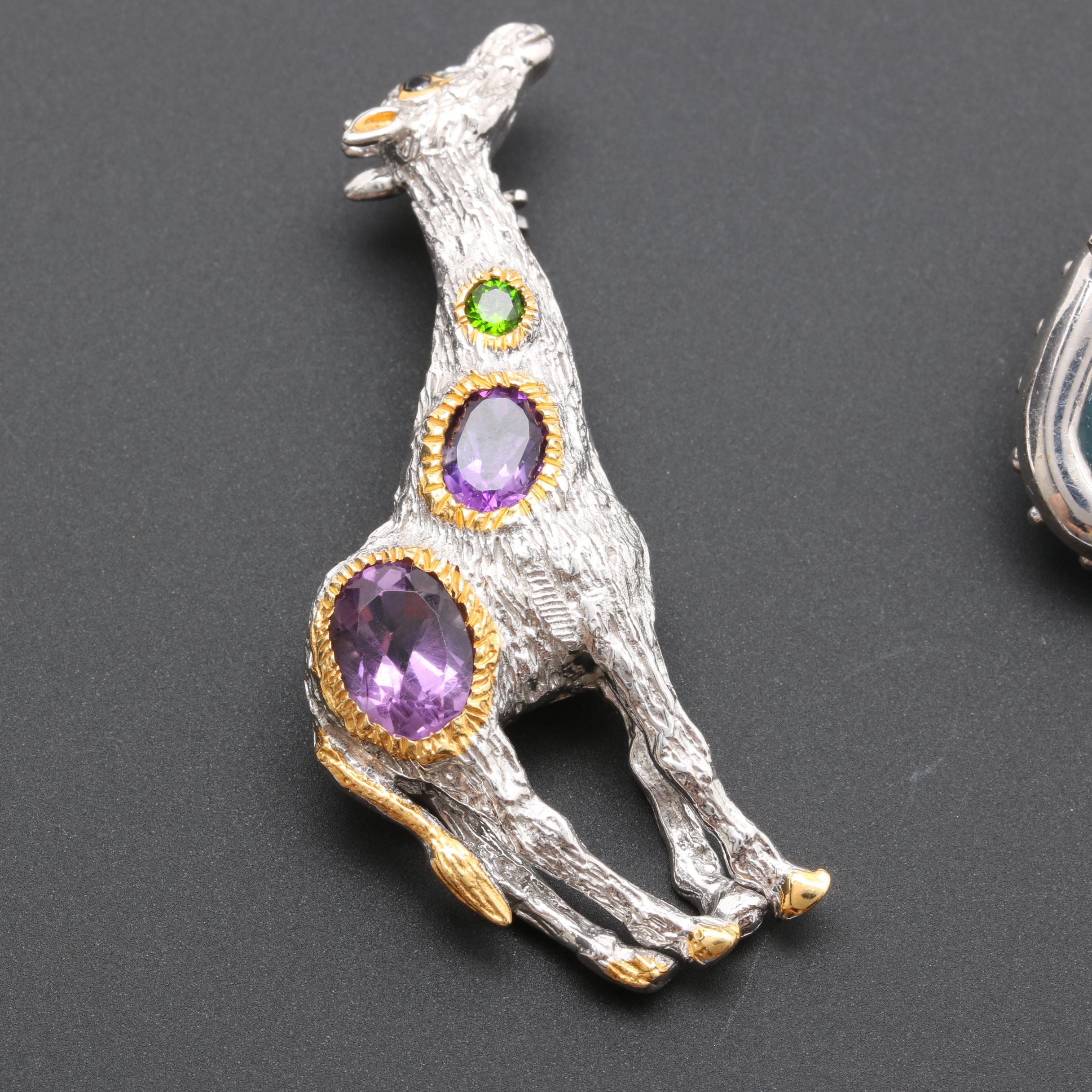 Sterling Silver Animal Brooches Including Aquamarine, Amethyst and More