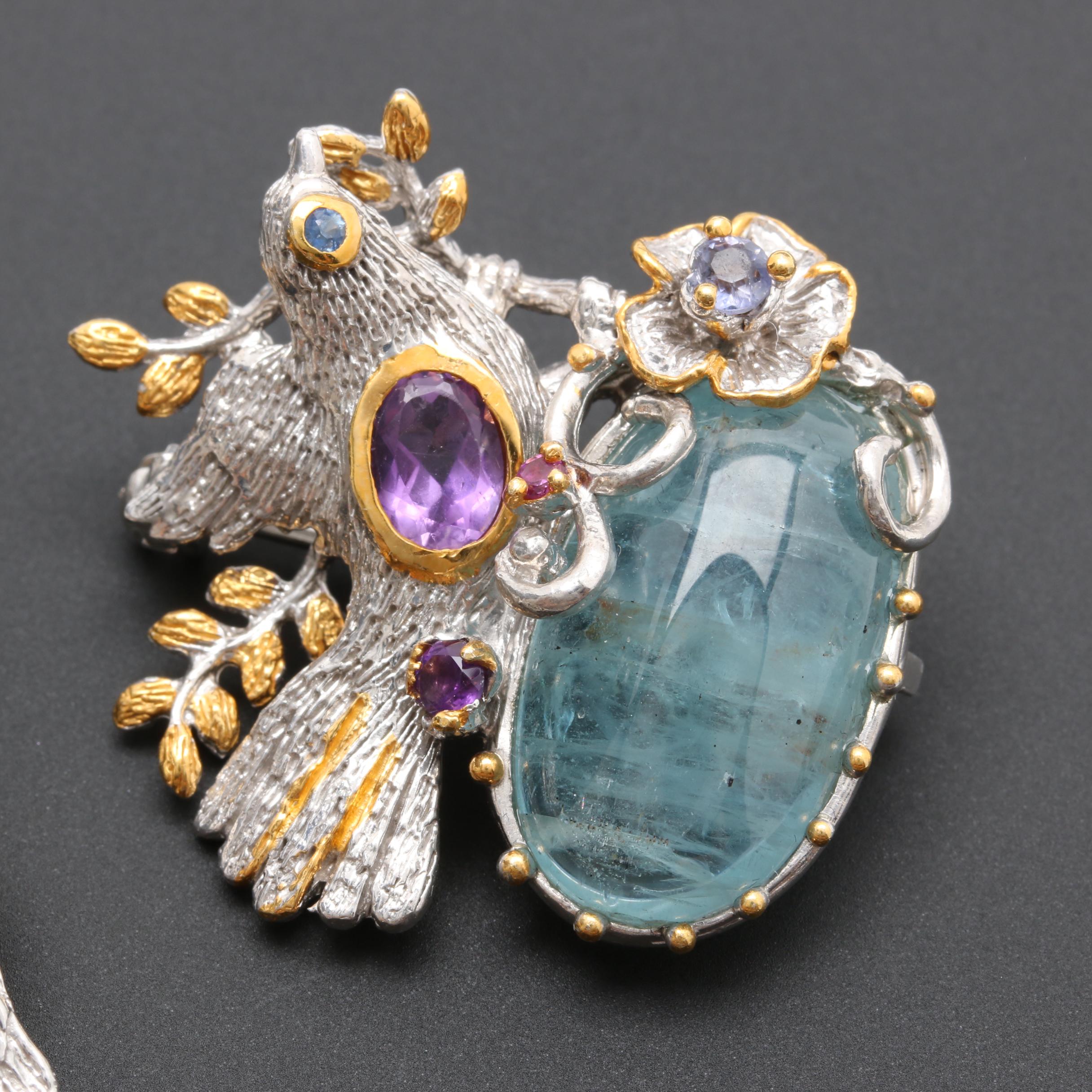 Sterling Silver Animal Brooches Including Aquamarine, Amethyst and More