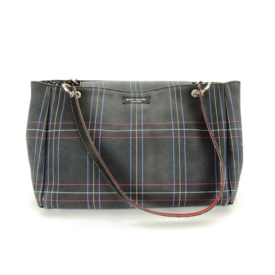 Circa 1990s Kate Spade New York Plaid Canvas and Leather Handbag