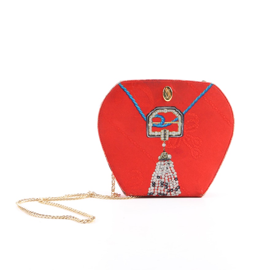 1980-1989 Cartier Les Must Red Silk Jewel Necklace and Gold Chain Design Clutch