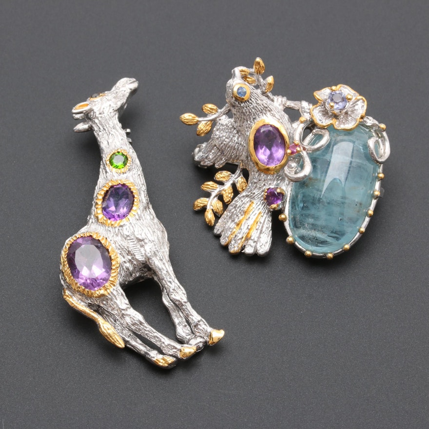 Sterling Silver Animal Brooches Including Aquamarine, Amethyst and More