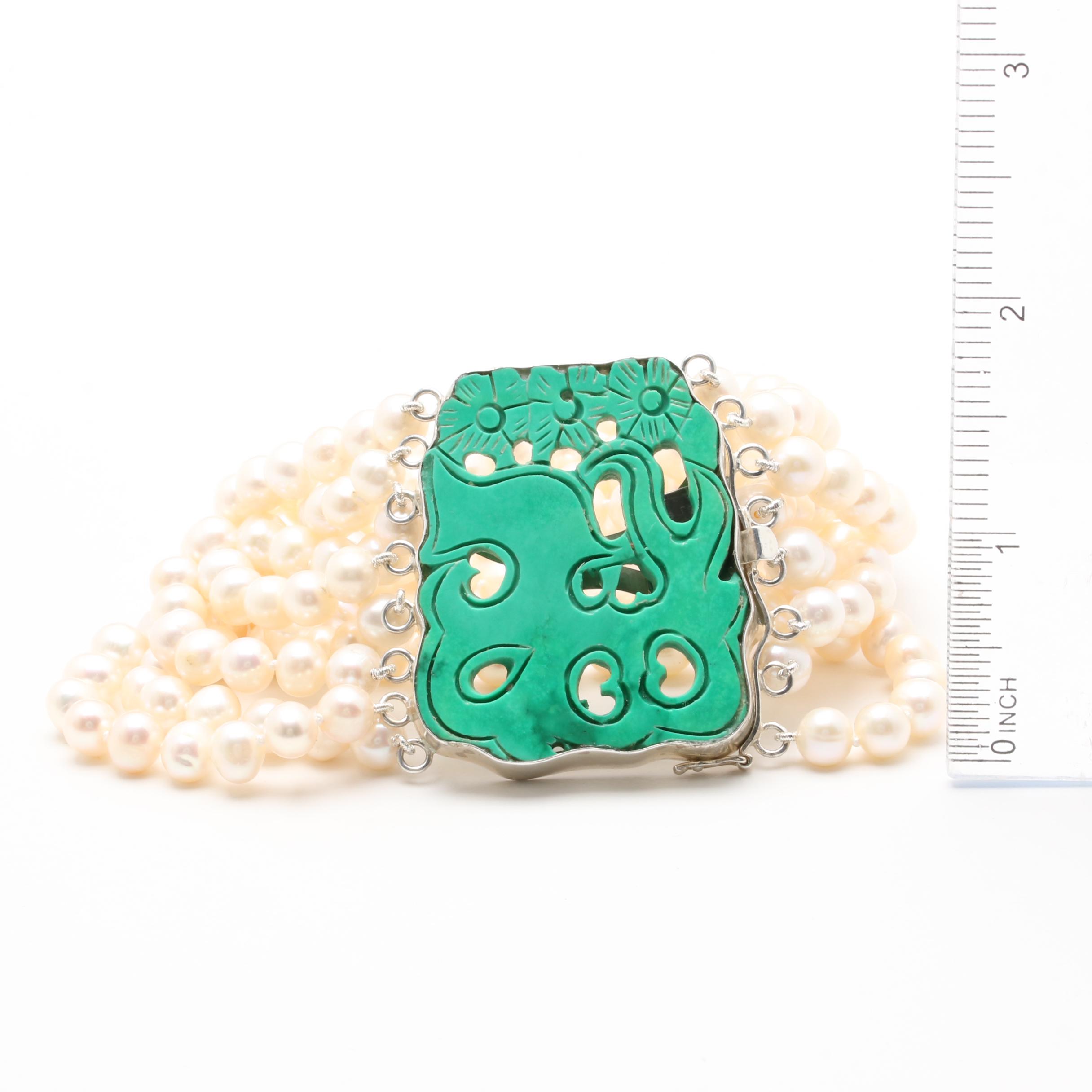 Sterling Silver Cultured Pearl and Green Magnesite Bracelet