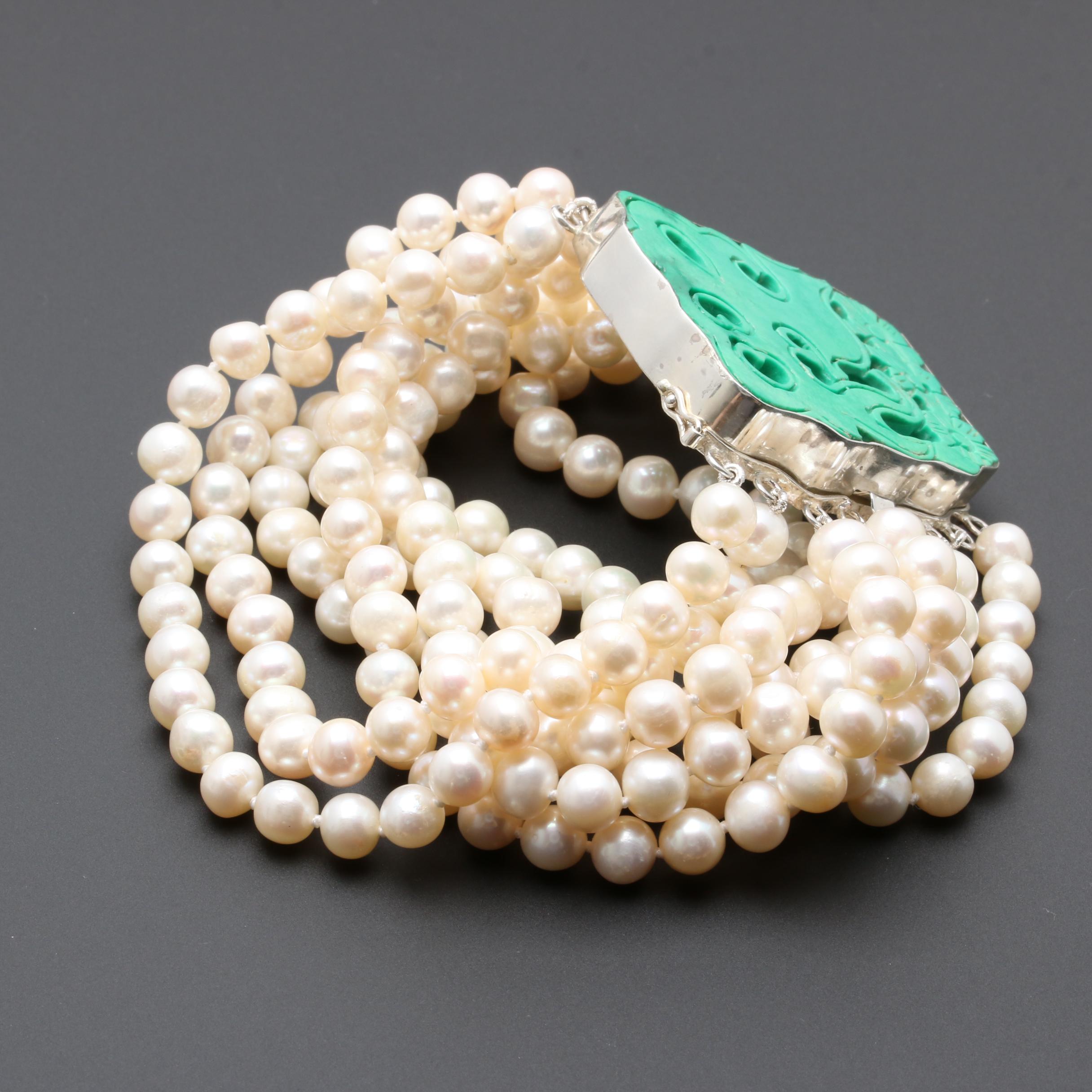 Sterling Silver Cultured Pearl and Green Magnesite Bracelet
