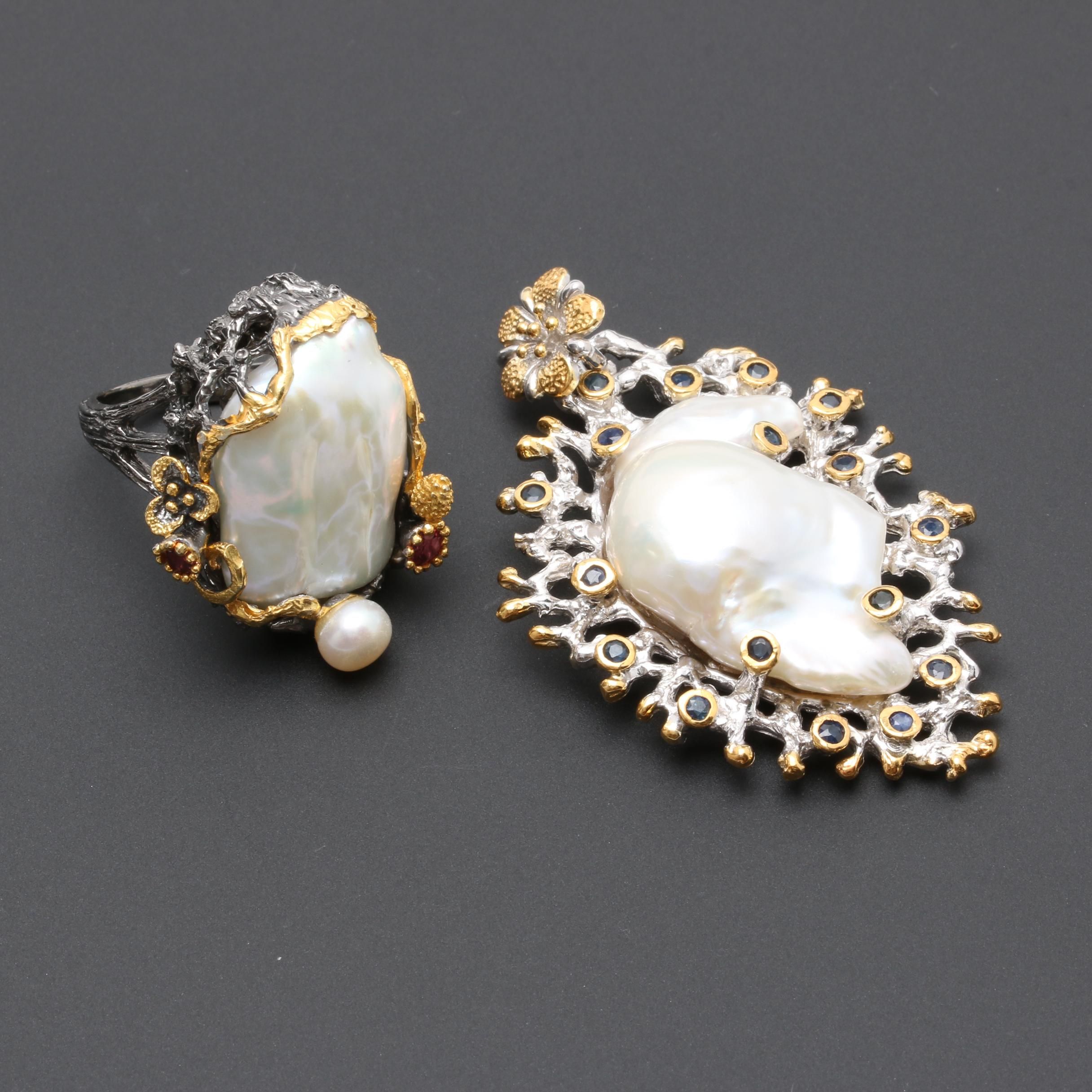 Sterling Silver Cultured Pearl, Tourmaline and Sapphire Ring and Pendant