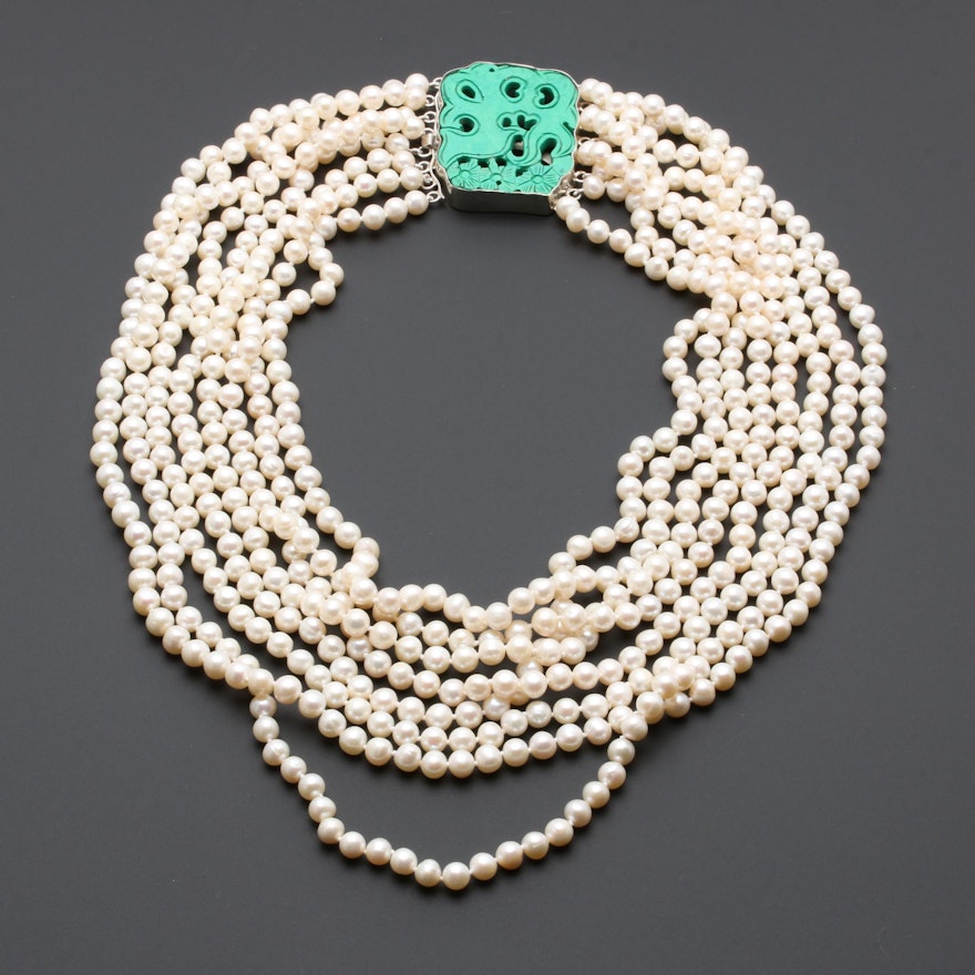 Sterling Silver Cultured Pearl and Green Magnesite Necklace