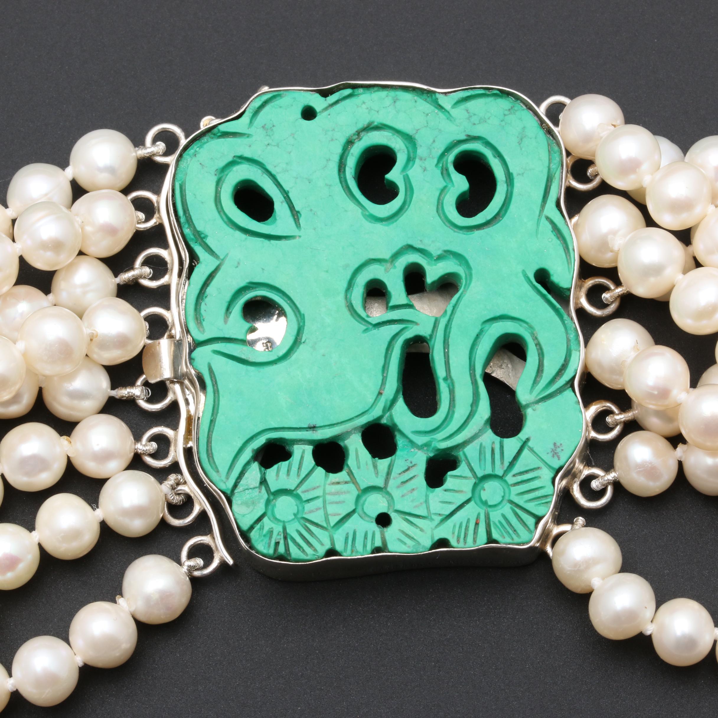 Sterling Silver Cultured Pearl and Green Magnesite Necklace