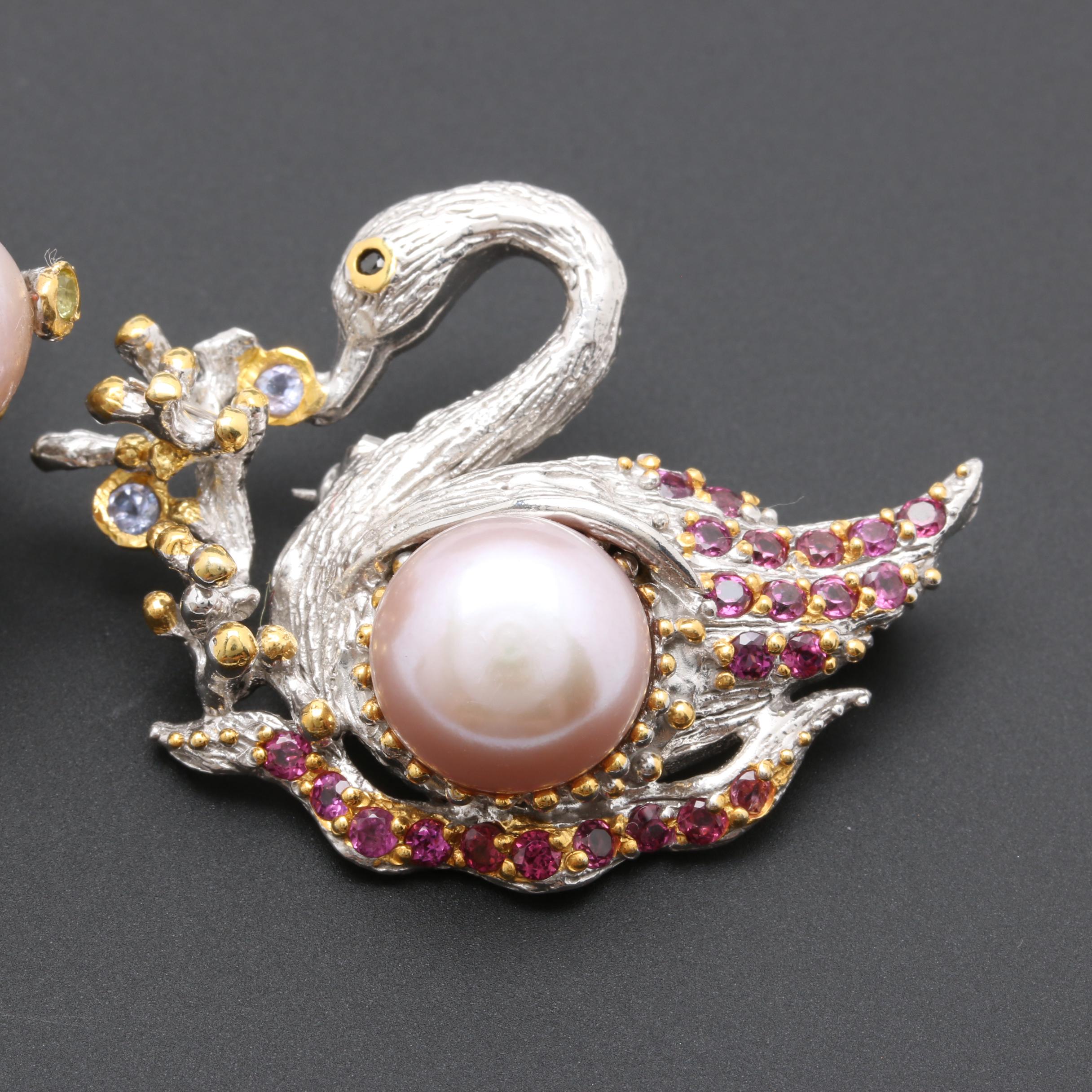 Sterling Silver Cultured Pearl and Gemstone Ring and Brooch
