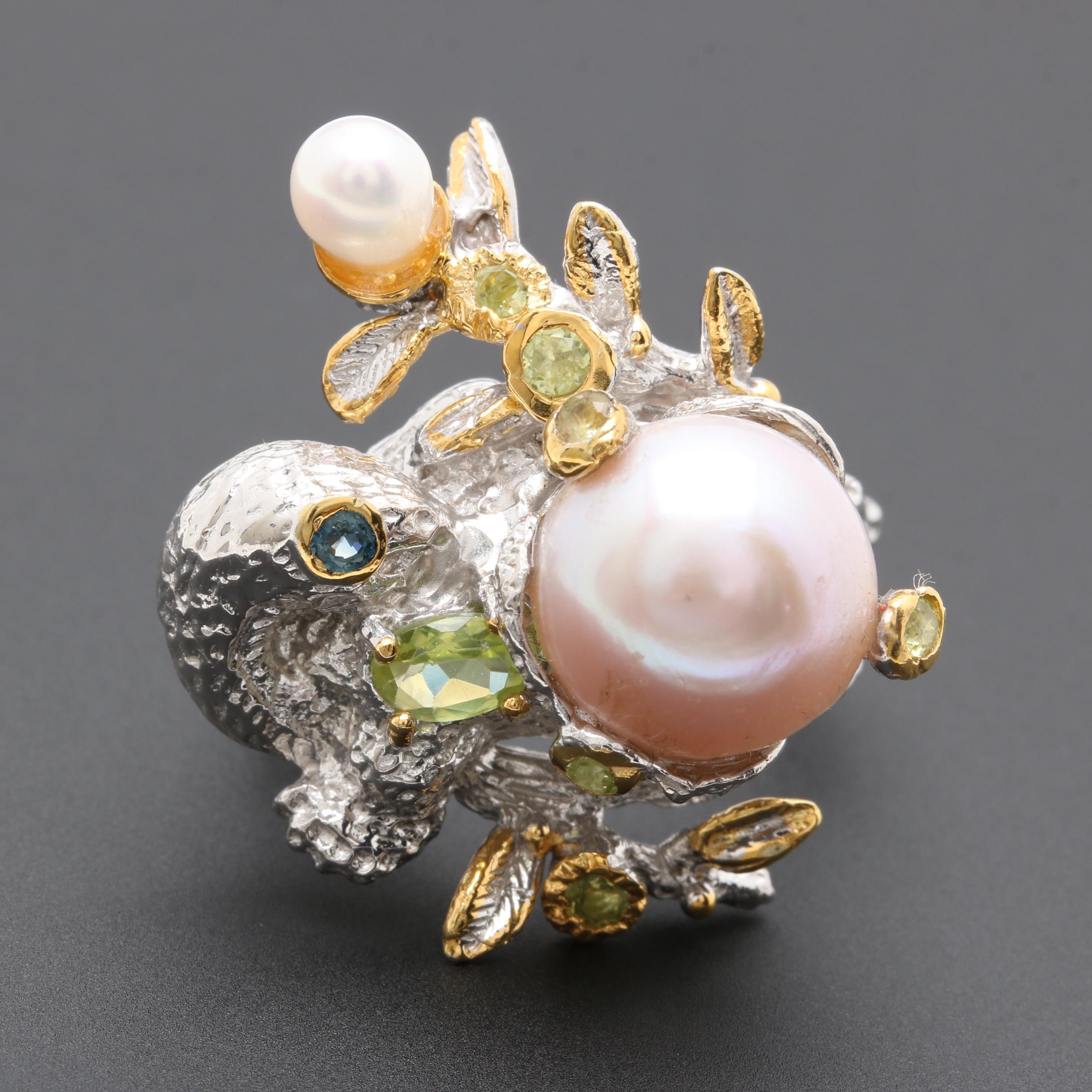 Sterling Silver Cultured Pearl and Gemstone Ring and Brooch