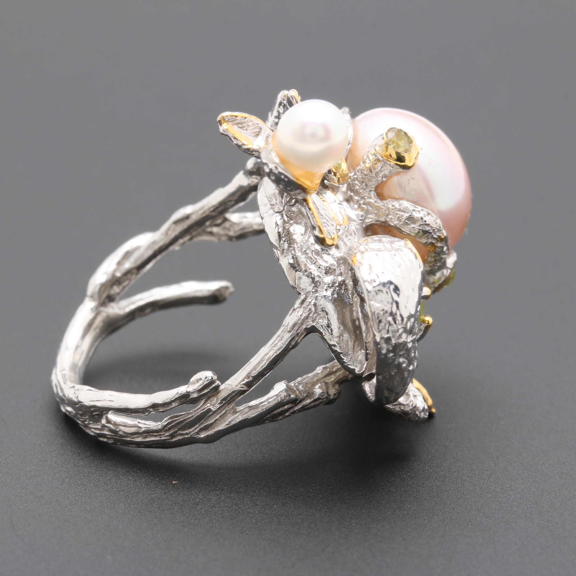 Sterling Silver Cultured Pearl and Gemstone Ring and Brooch