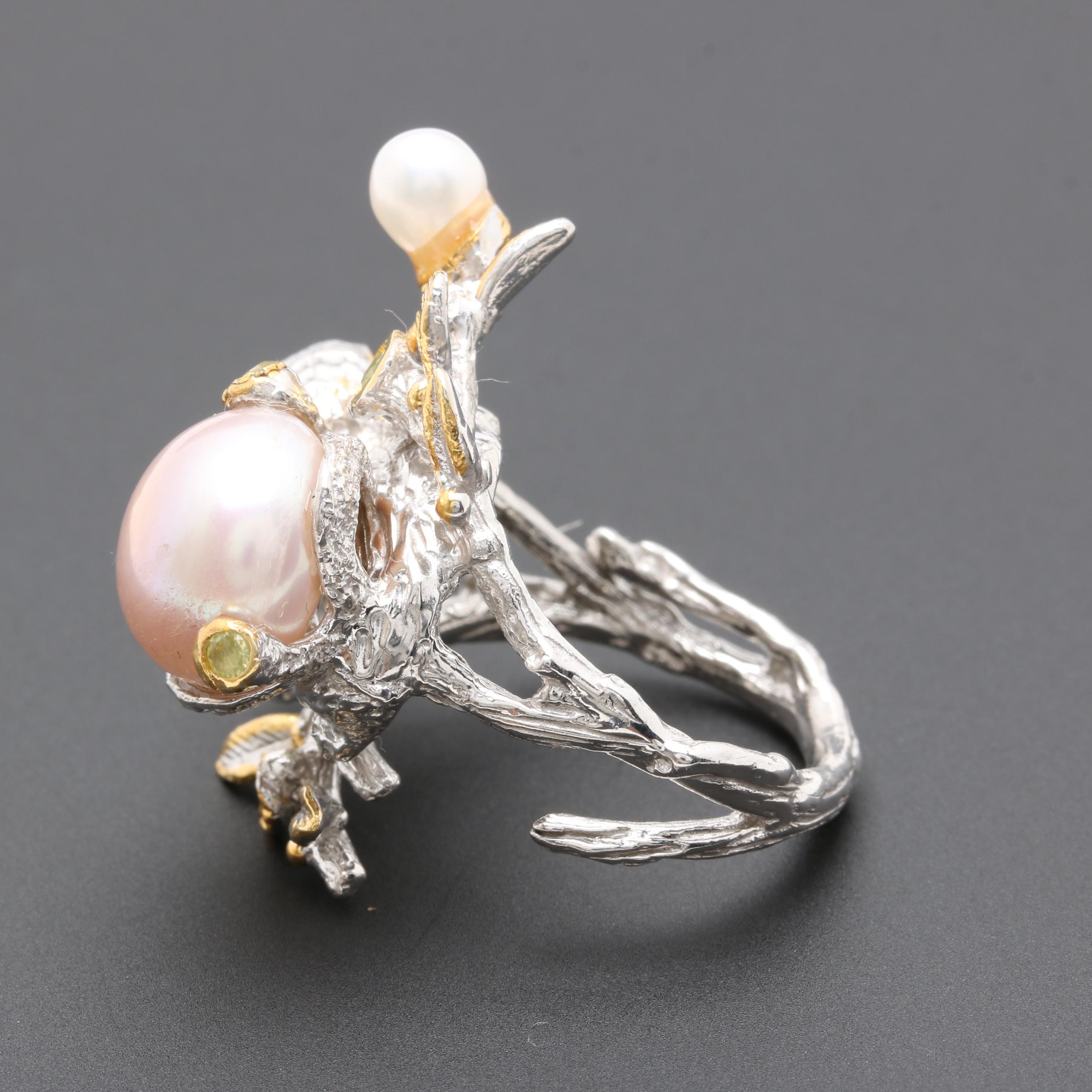 Sterling Silver Cultured Pearl and Gemstone Ring and Brooch