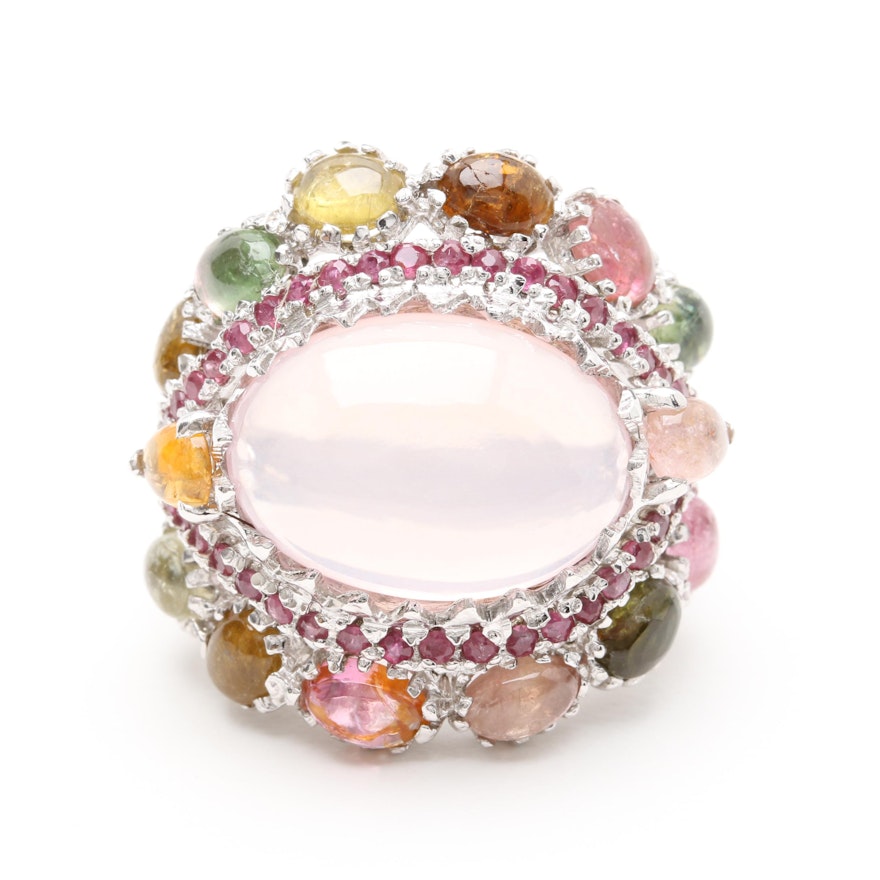 Sterling Silver Gemstone Ring Including Rose Quartz, Ruby and Tourmaline