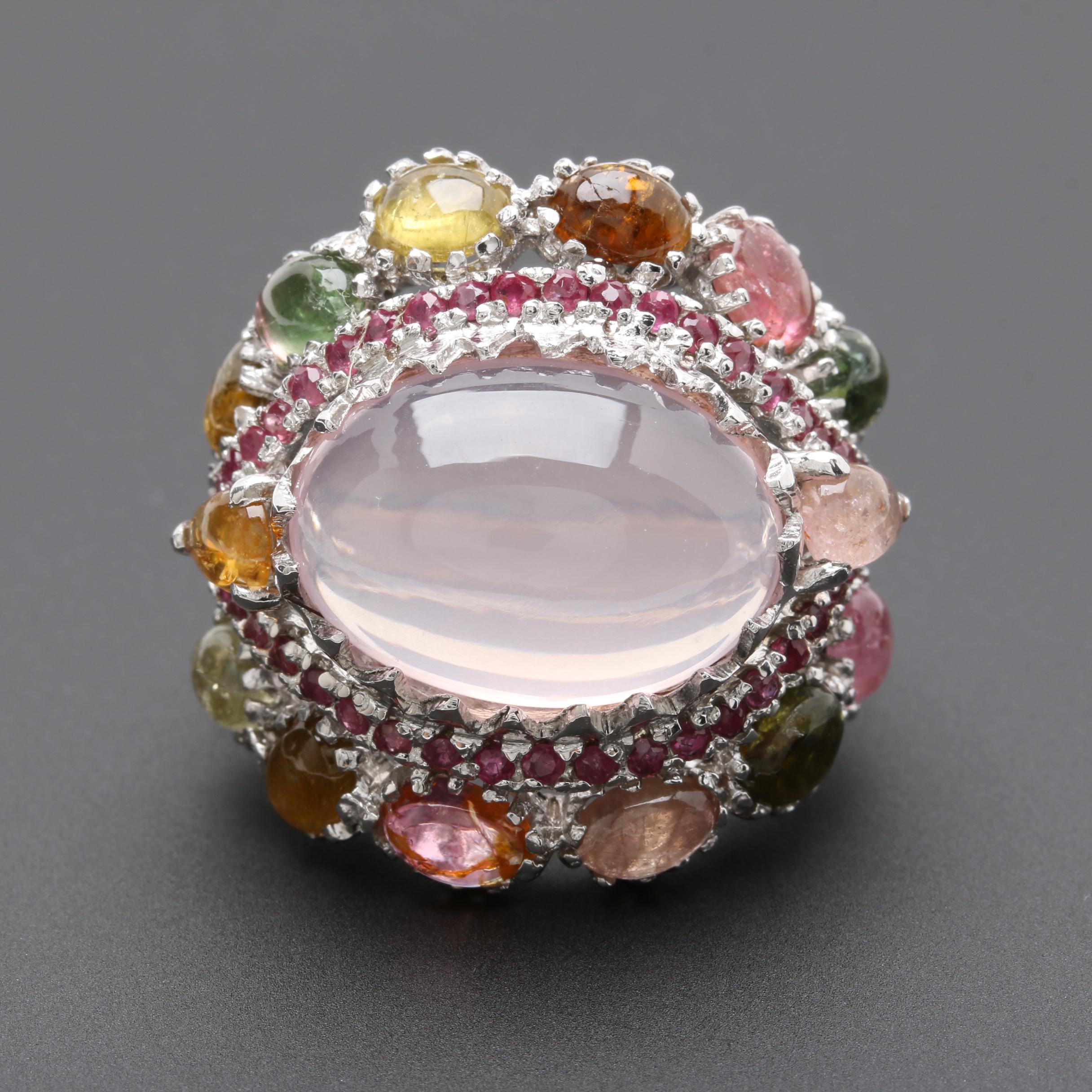 Sterling Silver Gemstone Ring Including Rose Quartz, Ruby and Tourmaline