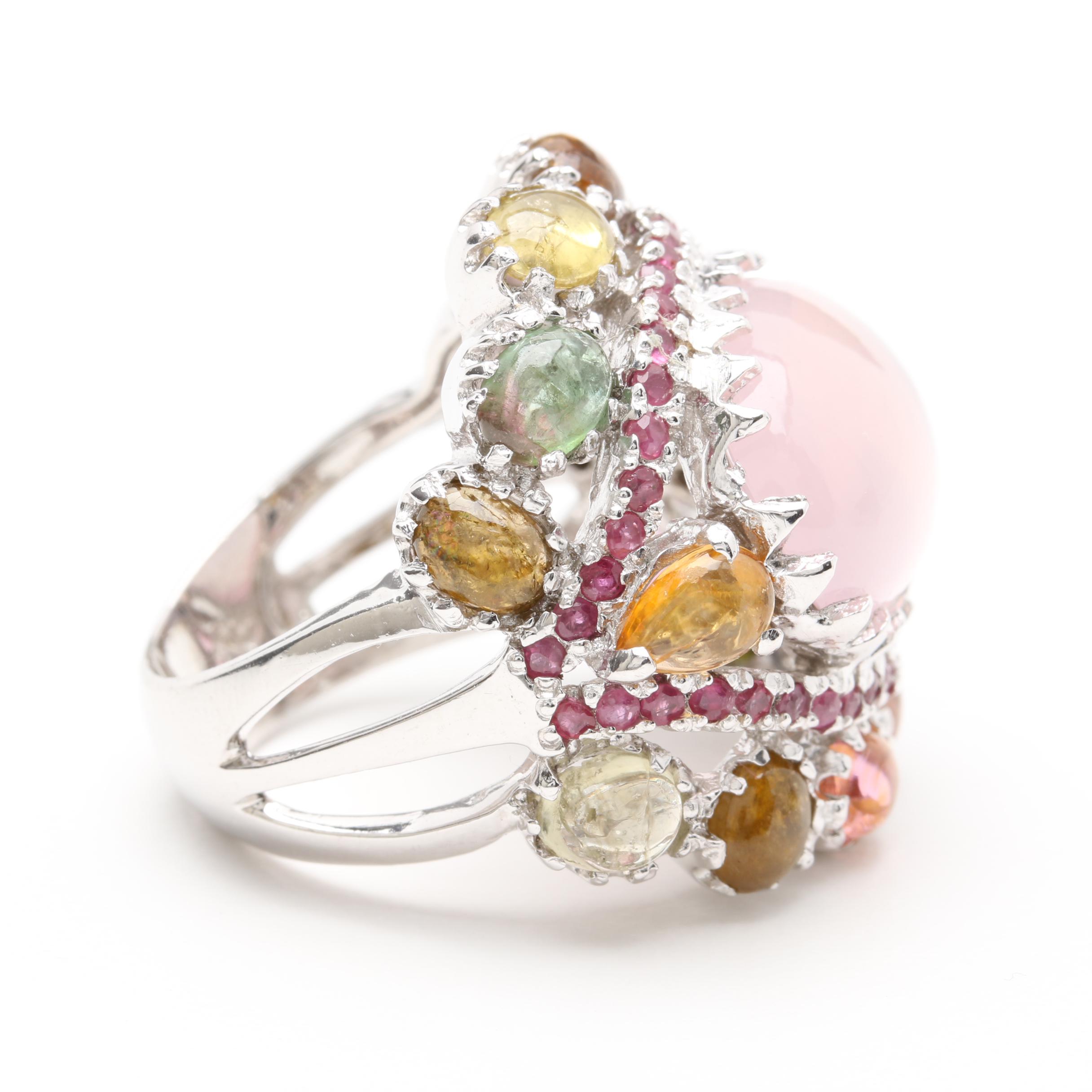 Sterling Silver Gemstone Ring Including Rose Quartz, Ruby and Tourmaline