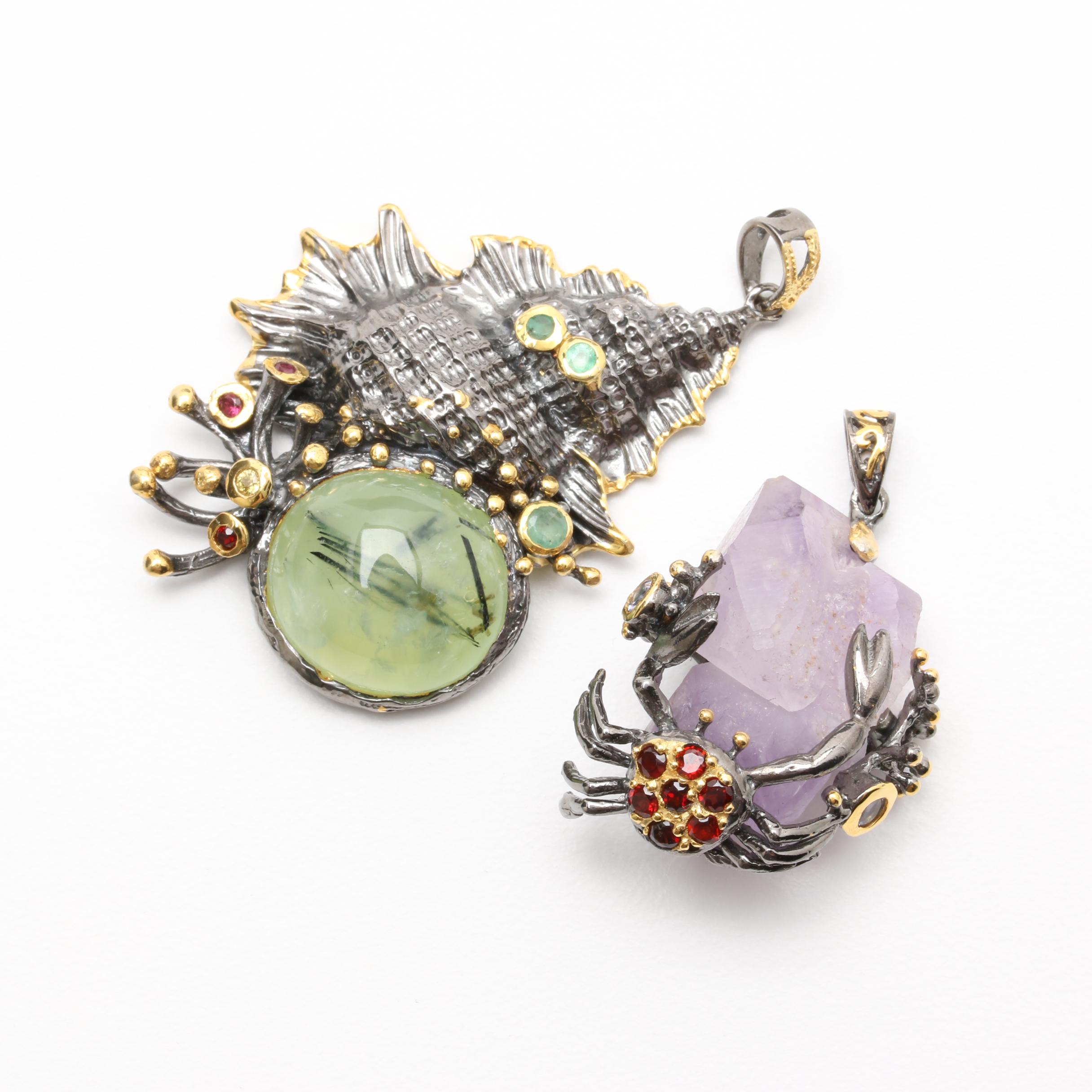 Sterling Silver Gemstone Pendants with Sea Creature Motifs