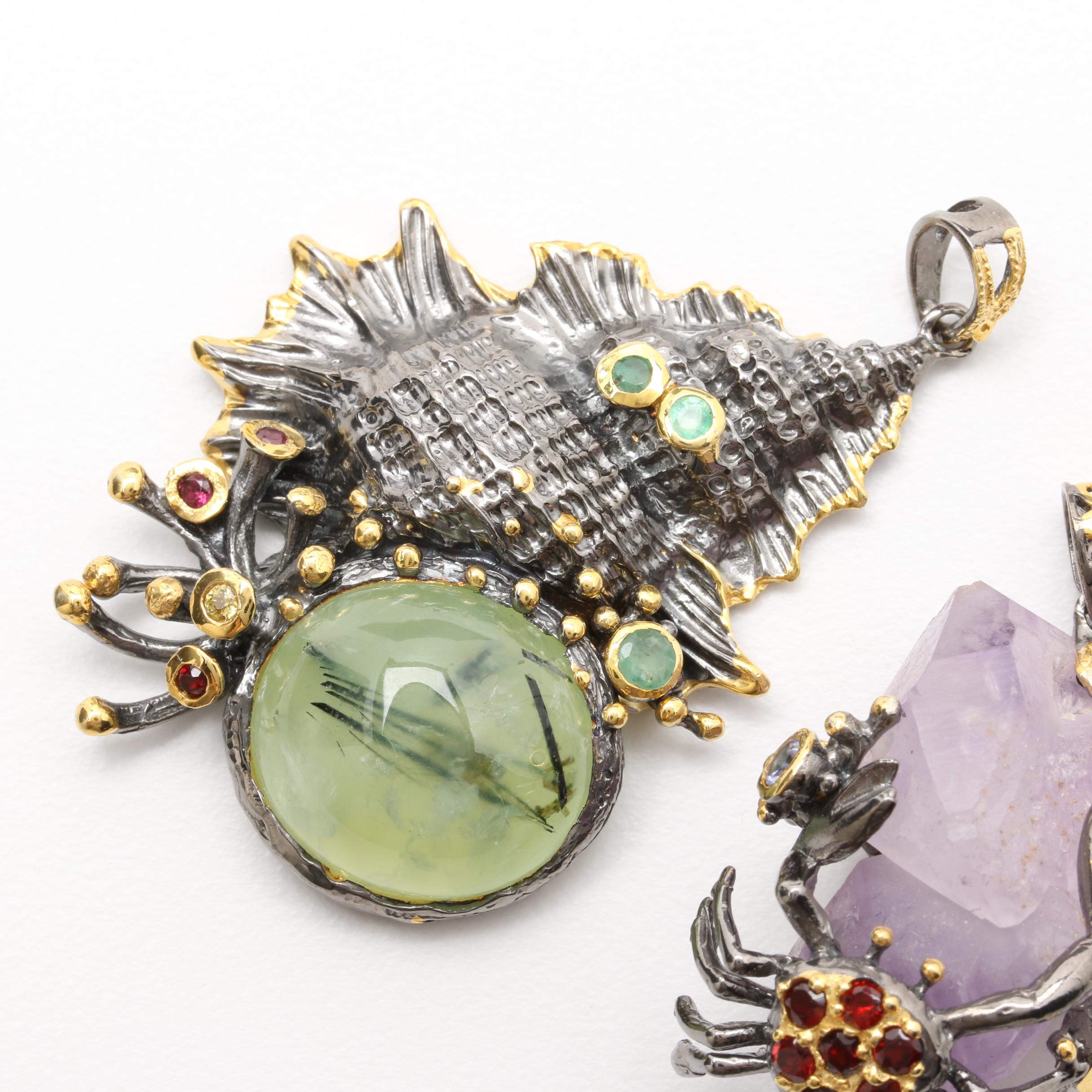 Sterling Silver Gemstone Pendants with Sea Creature Motifs