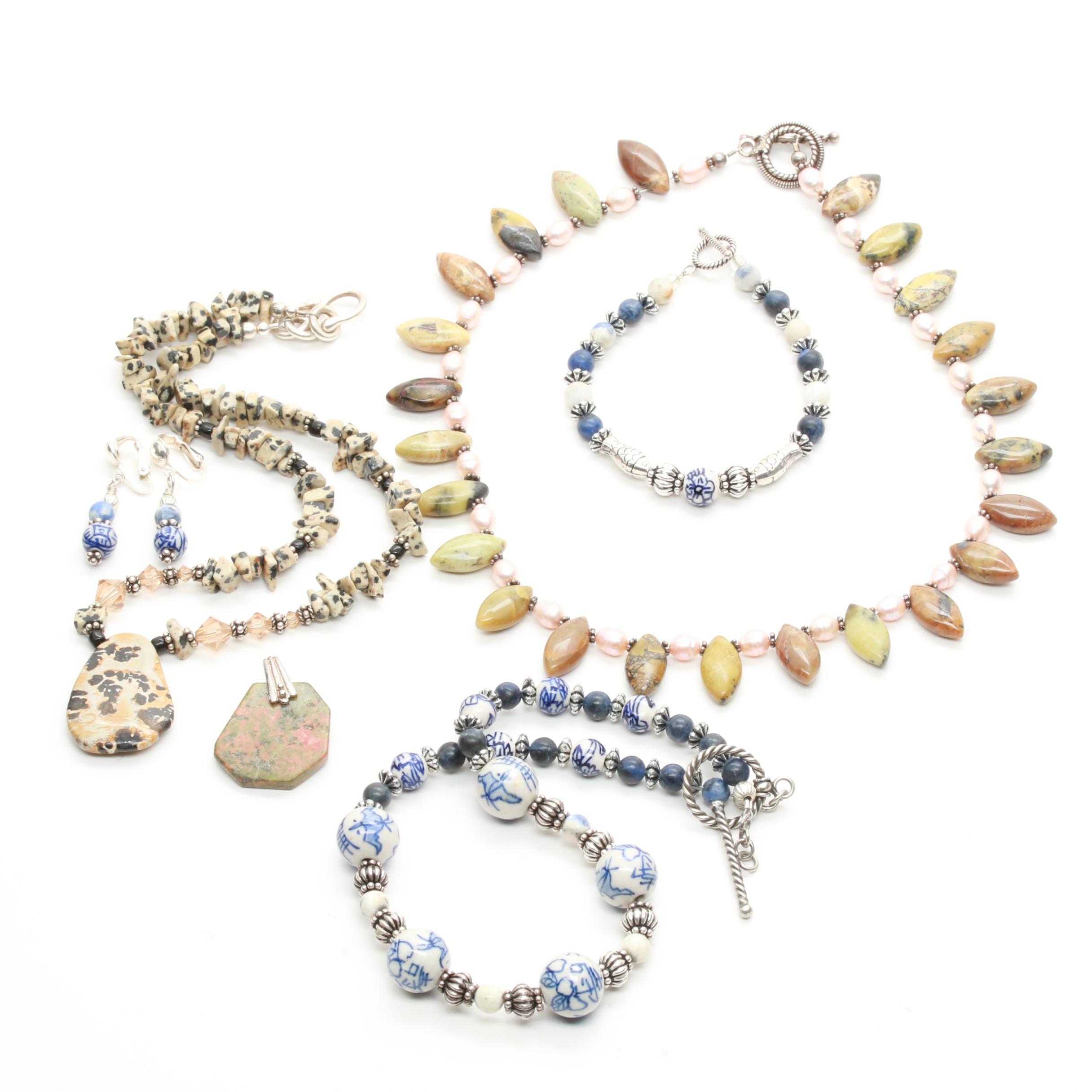 Sterling Silver Jasper, Unakite, and Porcelain Jewelry Assortment