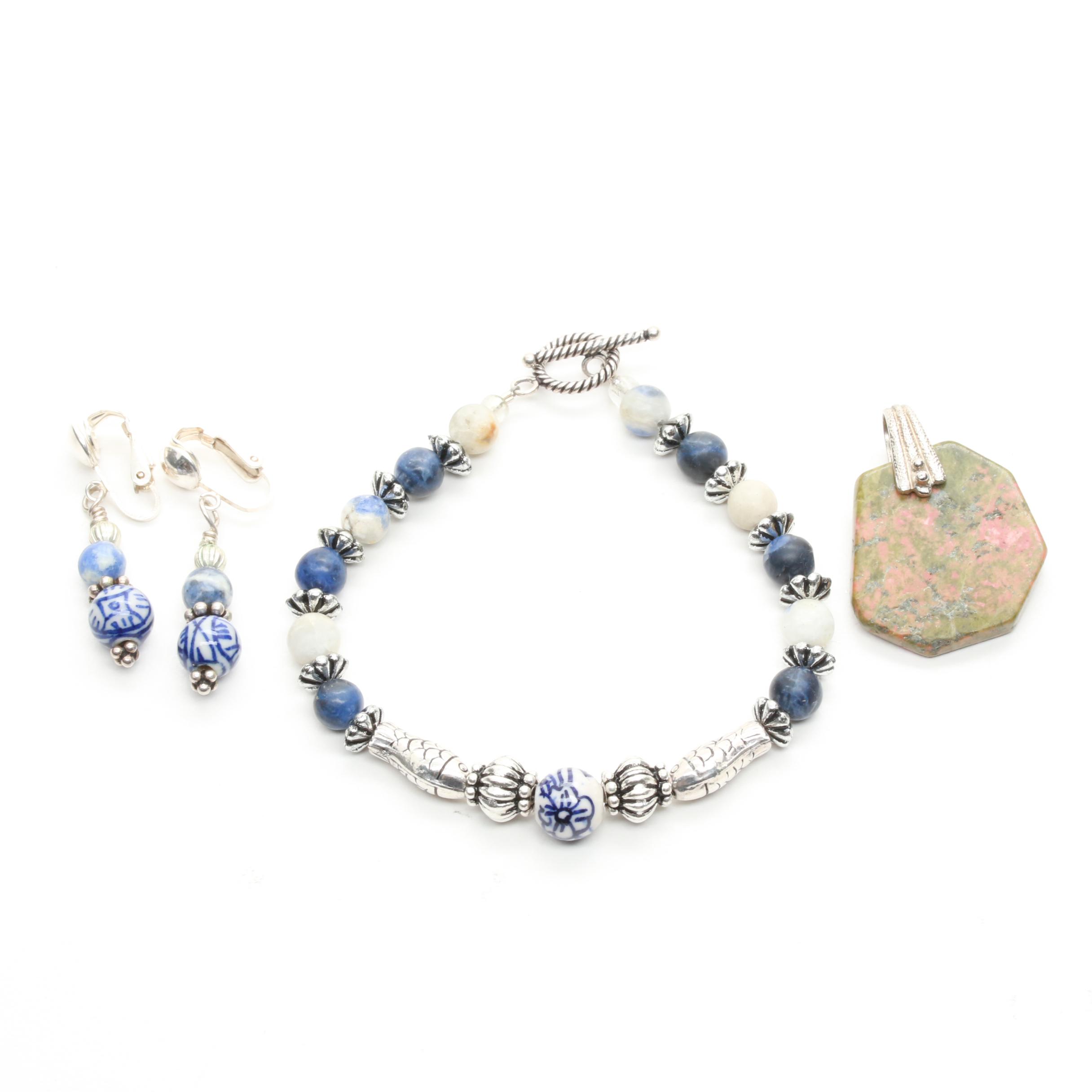 Sterling Silver Jasper, Unakite, and Porcelain Jewelry Assortment