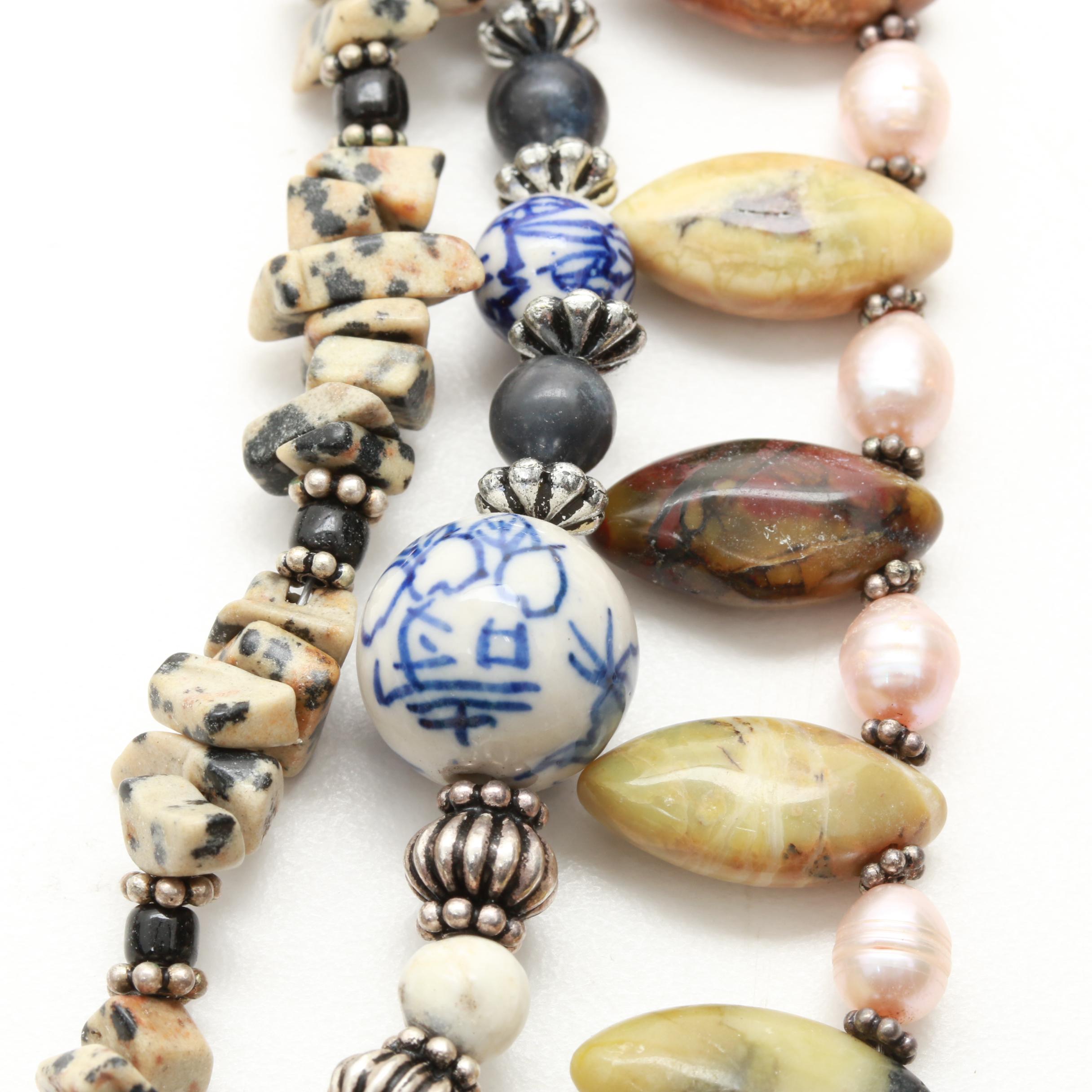 Sterling Silver Jasper, Unakite, and Porcelain Jewelry Assortment