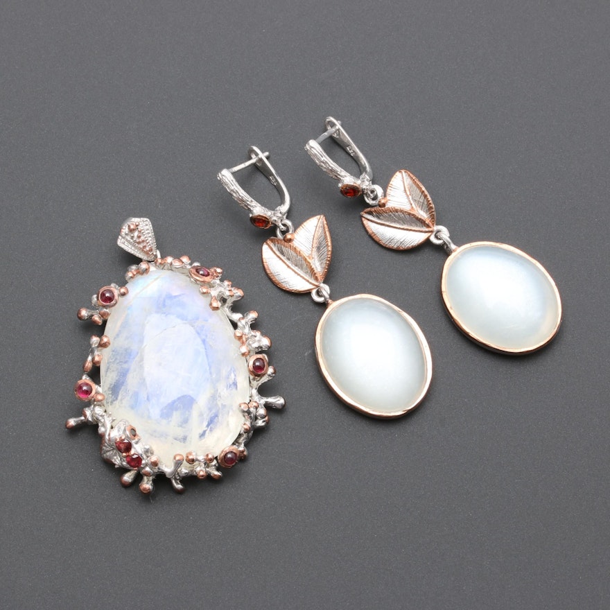 Gold Wash Accented Sterling Silver Moonstone, Labradorite, and Garnet Jewelry