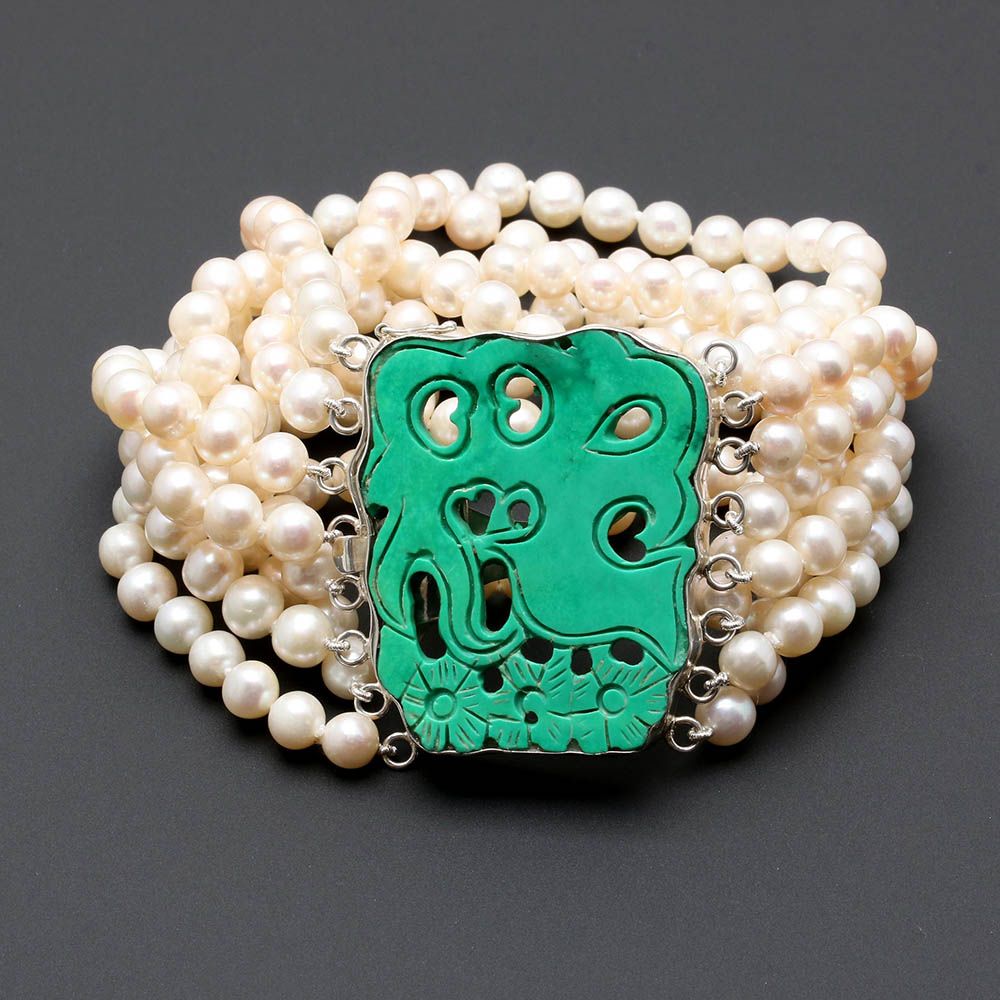 Sterling Silver Cultured Pearl and Green Magnesite Bracelet