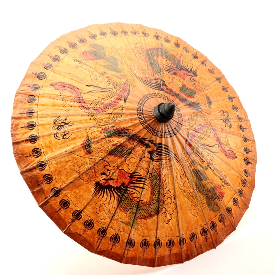 Vintage Asian Hand-Decorated Treated Paper Parasol with Wood Depicting Dragon