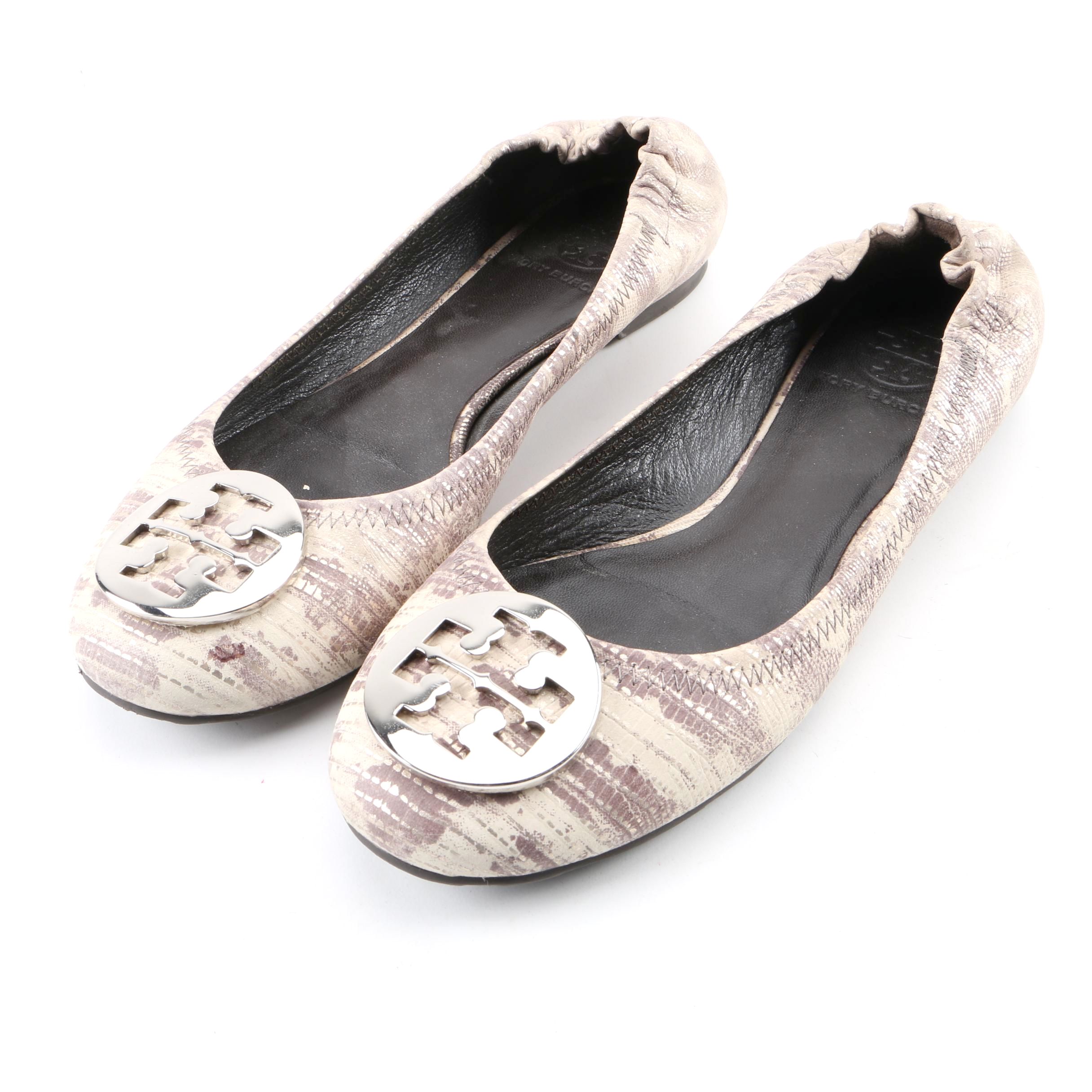 Tory Burch Cream and Taupe Embossed Leather Ballet Flats