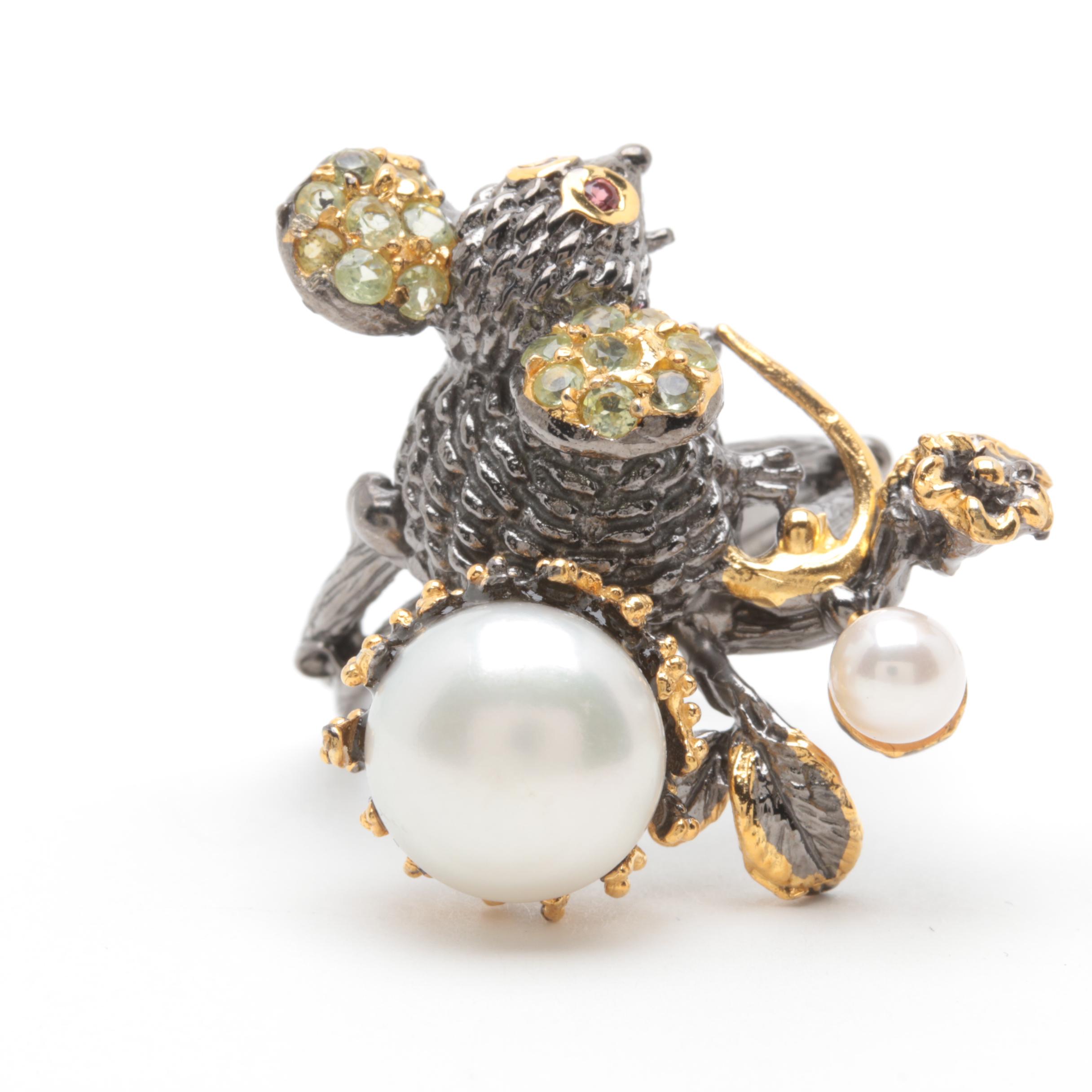 Sterling Silver Cultured Pearl and Peridot Ring