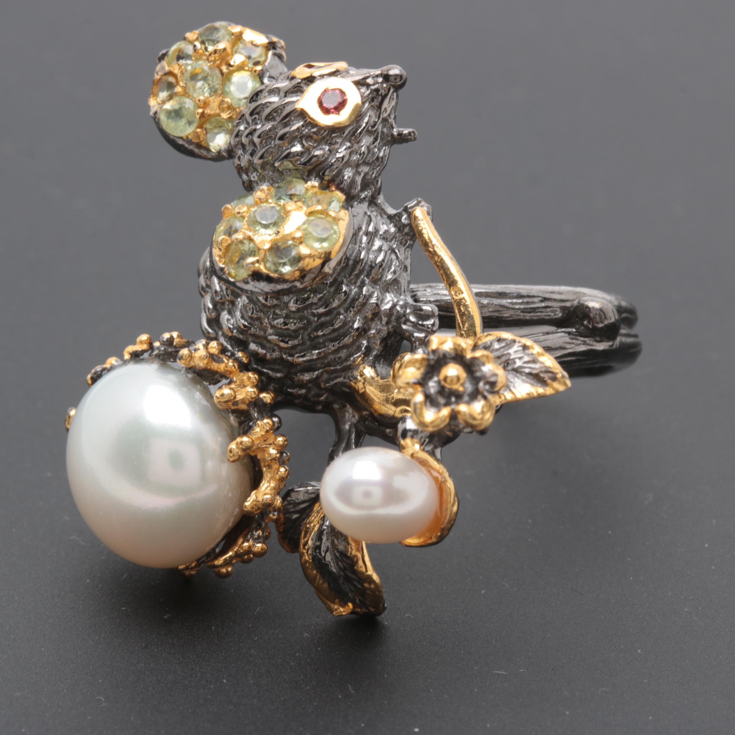 Sterling Silver Cultured Pearl and Peridot Ring