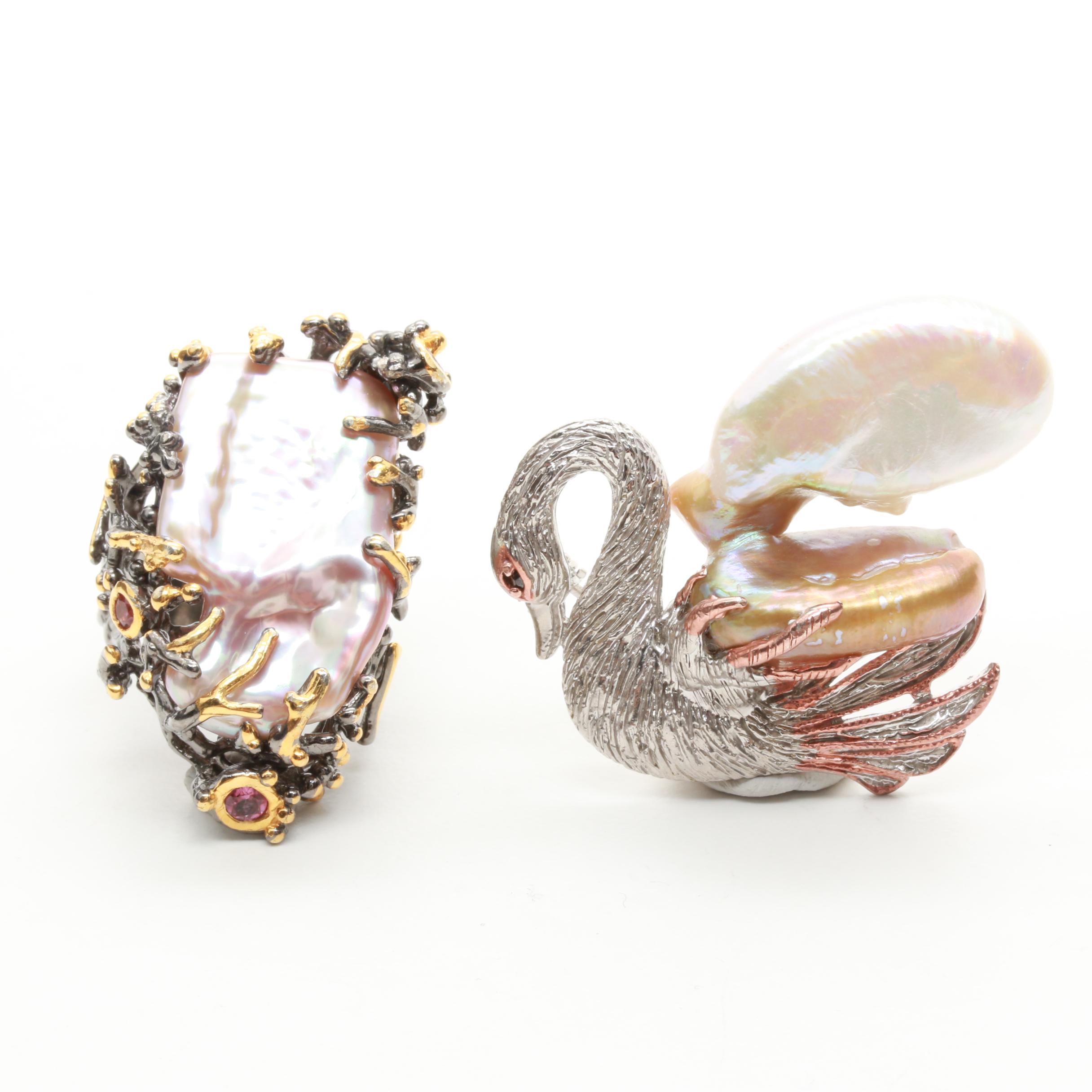 Sterling Silver Cultured Pearl and Pink Tourmaline Ring and Brooch