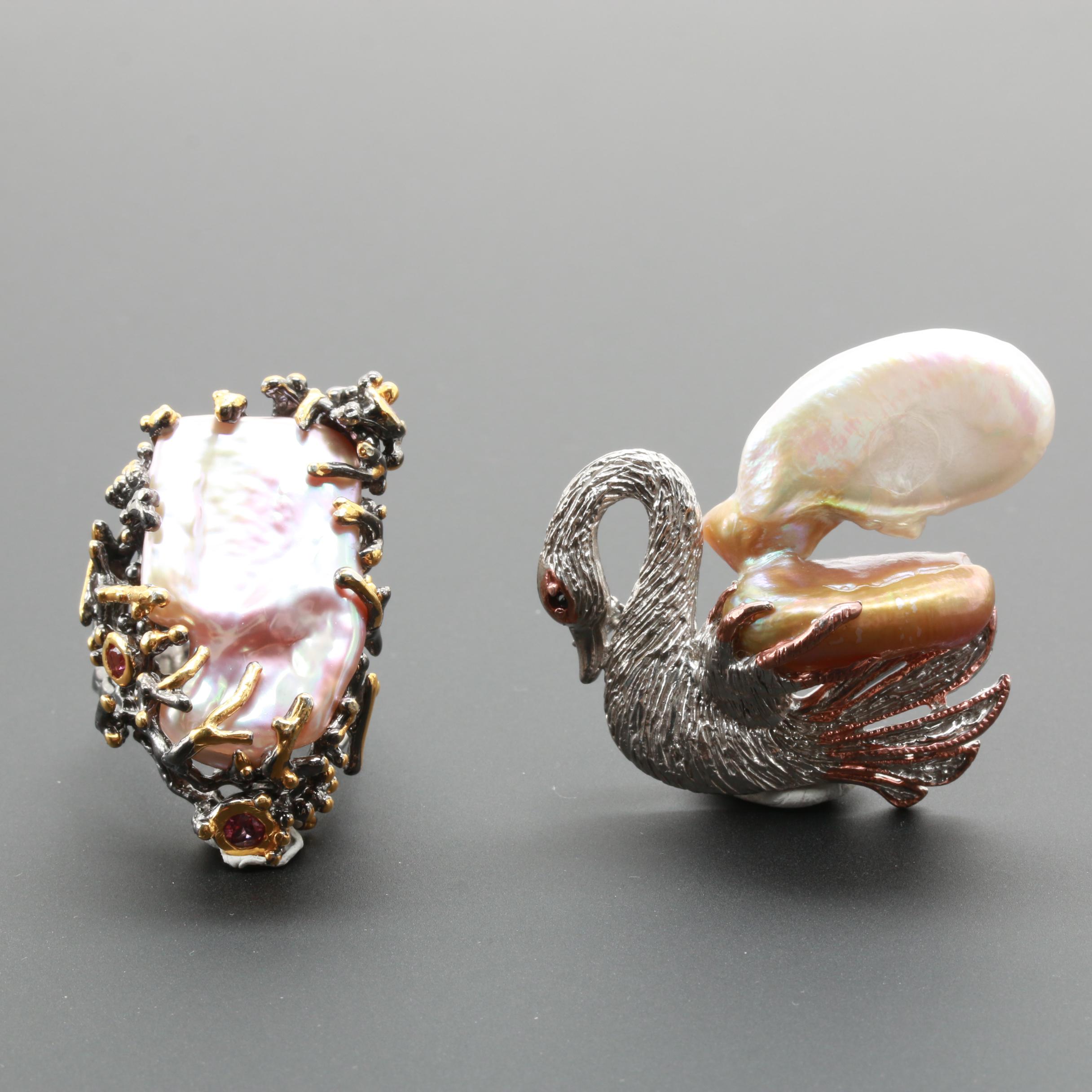 Sterling Silver Cultured Pearl and Pink Tourmaline Ring and Brooch