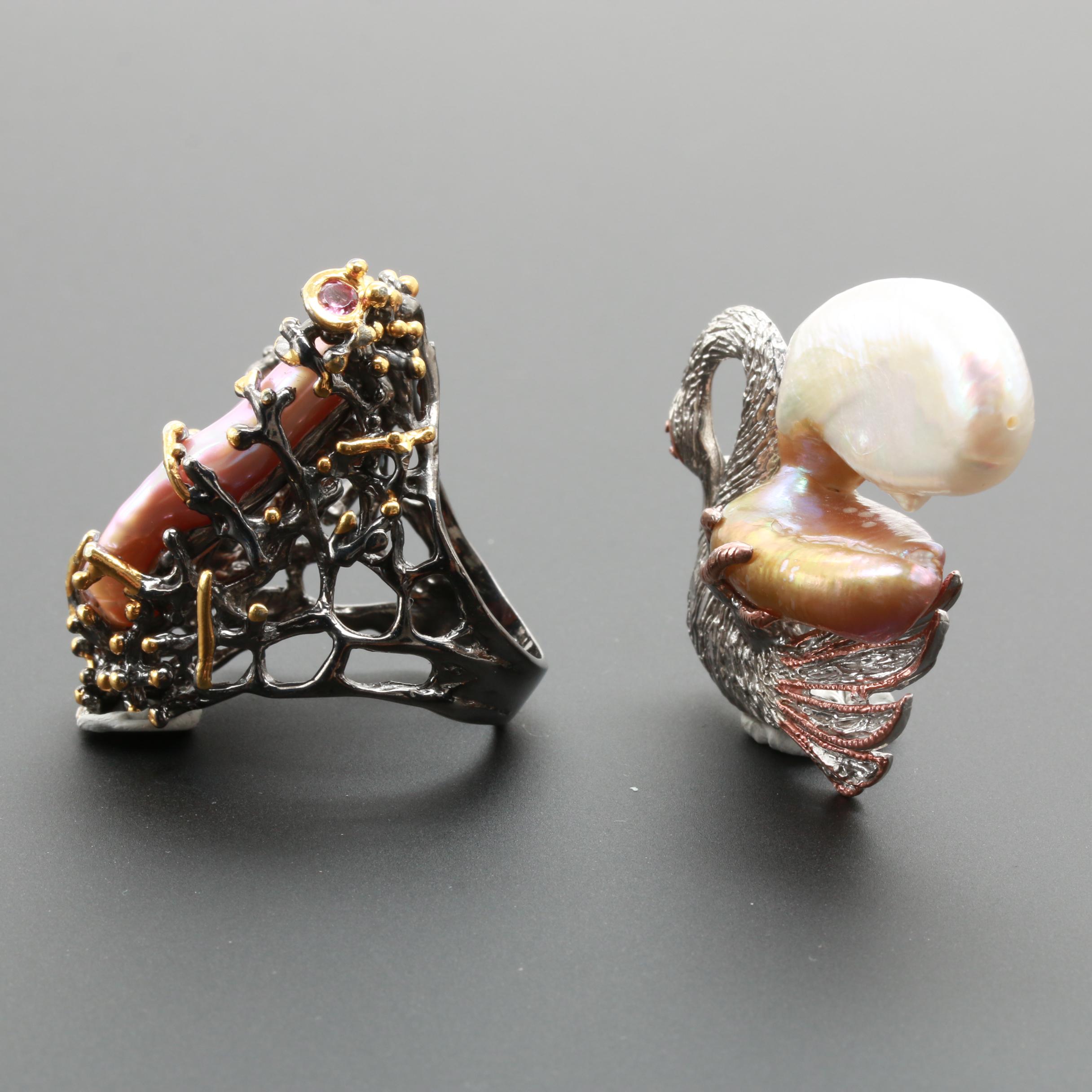 Sterling Silver Cultured Pearl and Pink Tourmaline Ring and Brooch