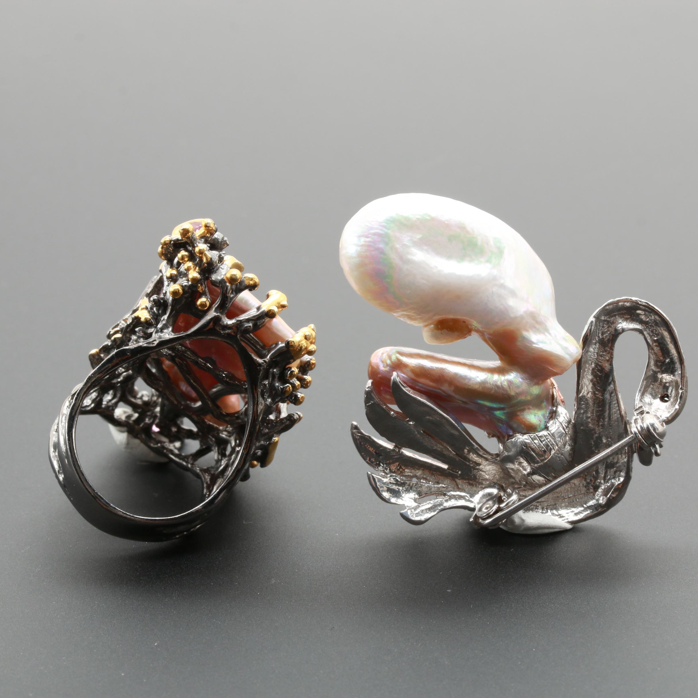 Sterling Silver Cultured Pearl and Pink Tourmaline Ring and Brooch