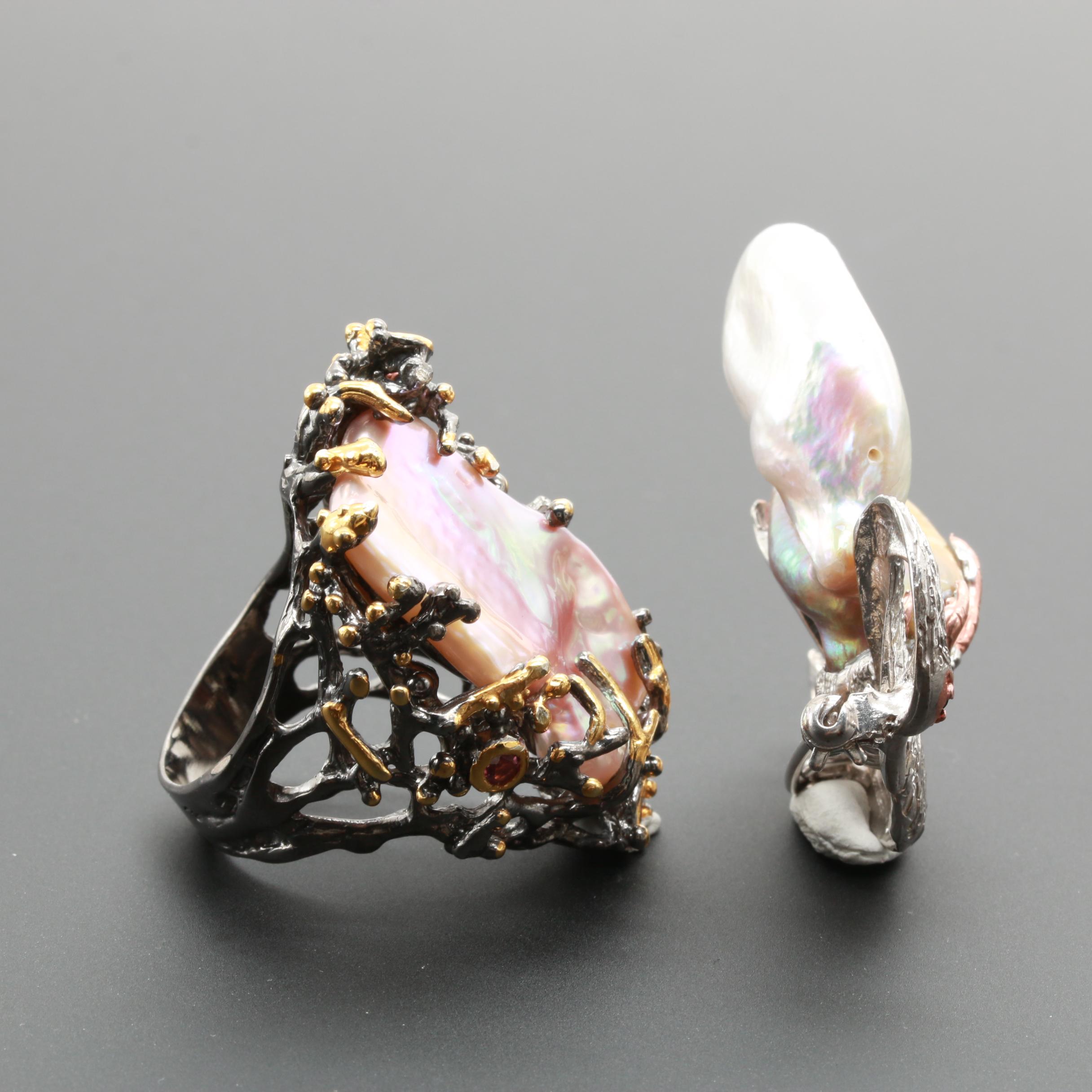 Sterling Silver Cultured Pearl and Pink Tourmaline Ring and Brooch