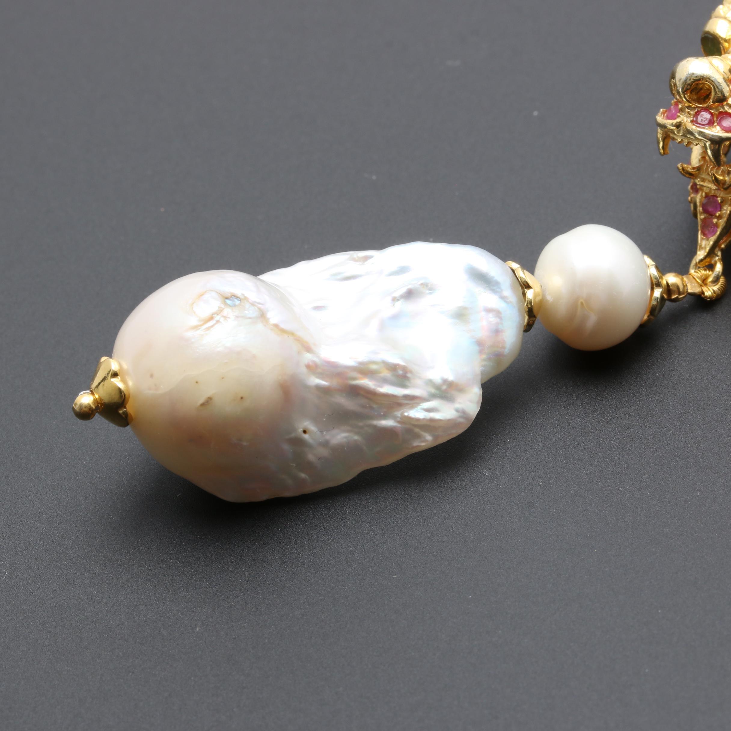 Sterling Silver Cultured Pearl, Emerald and Ruby Dragon Necklace