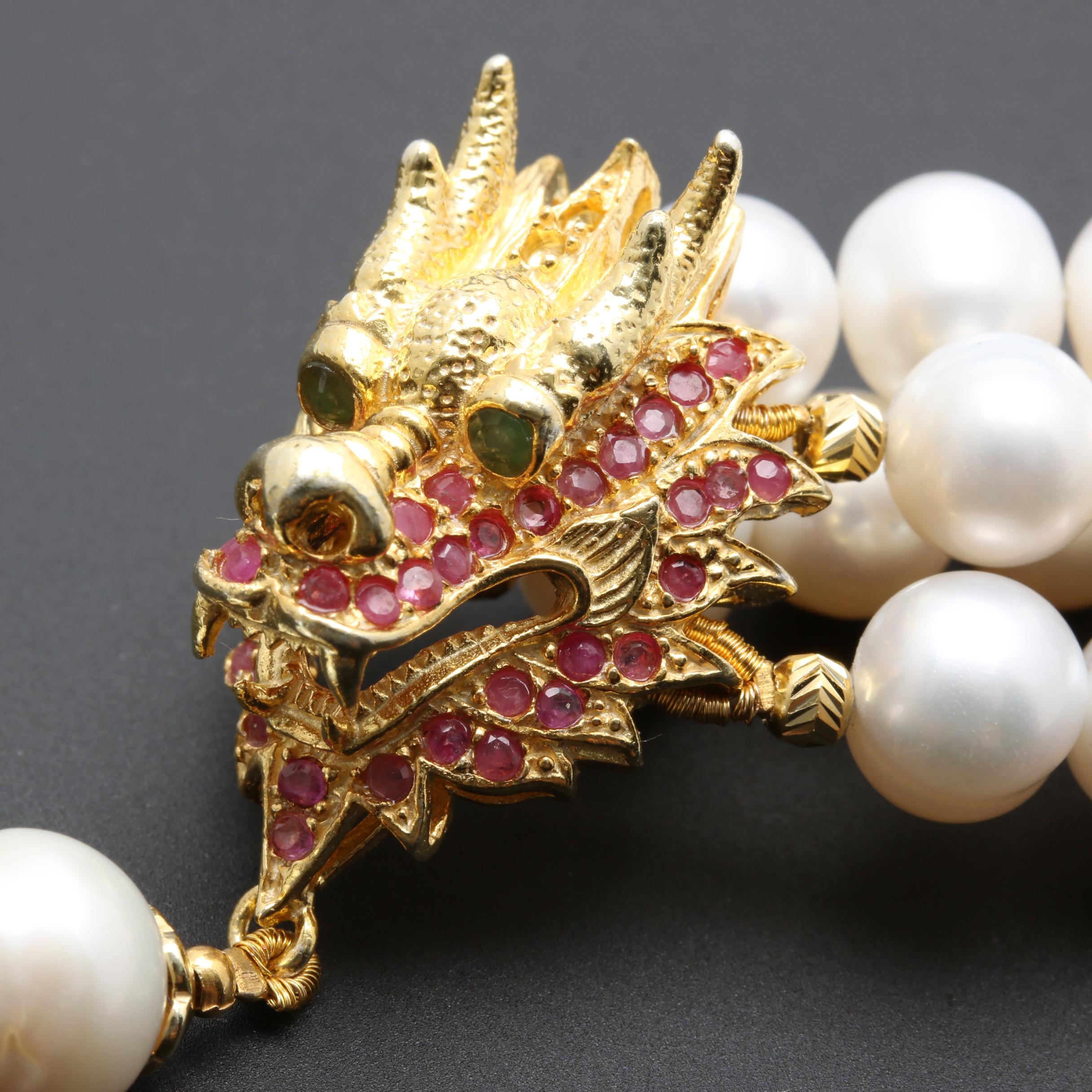 Sterling Silver Cultured Pearl, Emerald and Ruby Dragon Necklace