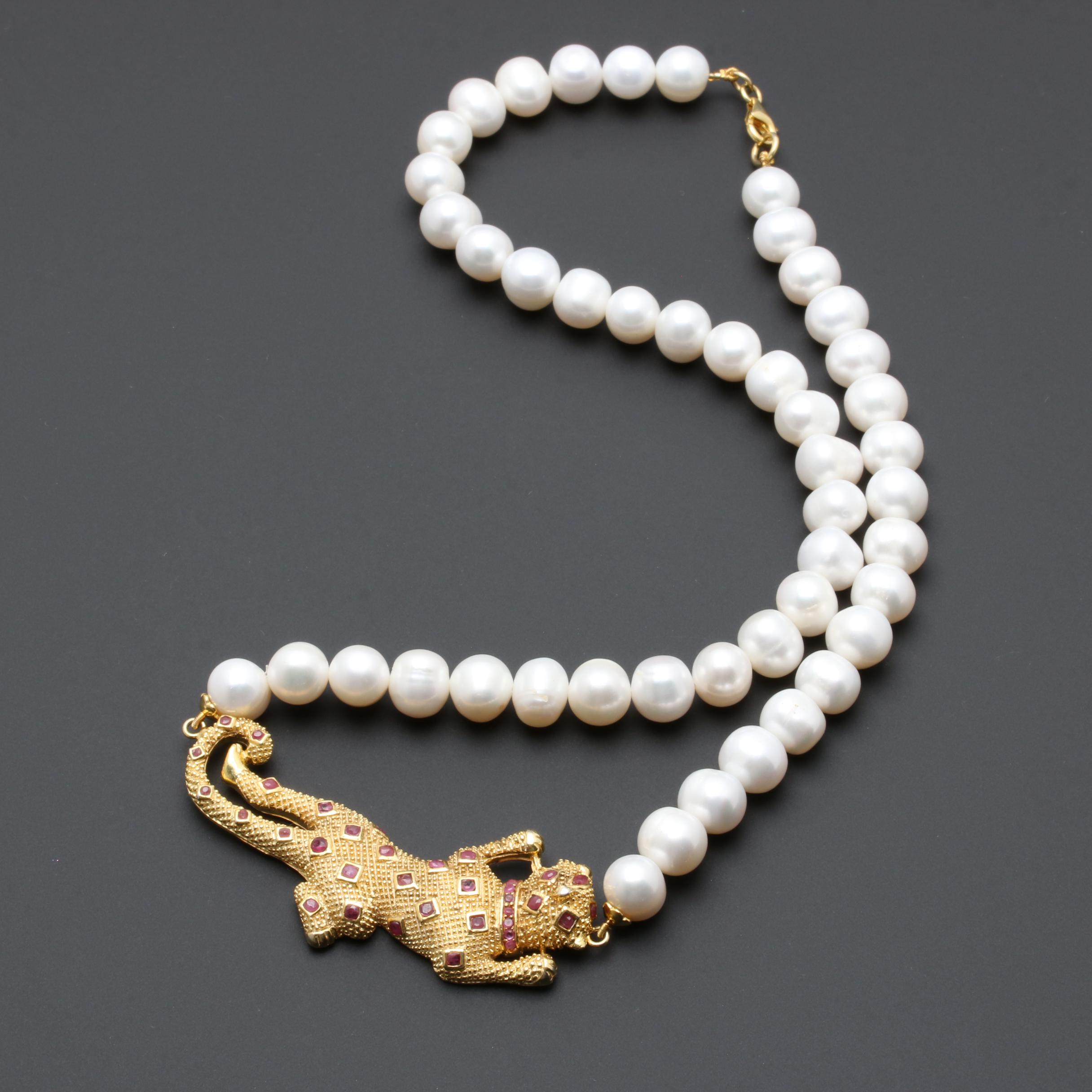 Gold Wash on Sterling Silver Cultured Pearl and Ruby Necklace